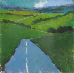 Route à travers des champs verts, Angleterre, peinture originale