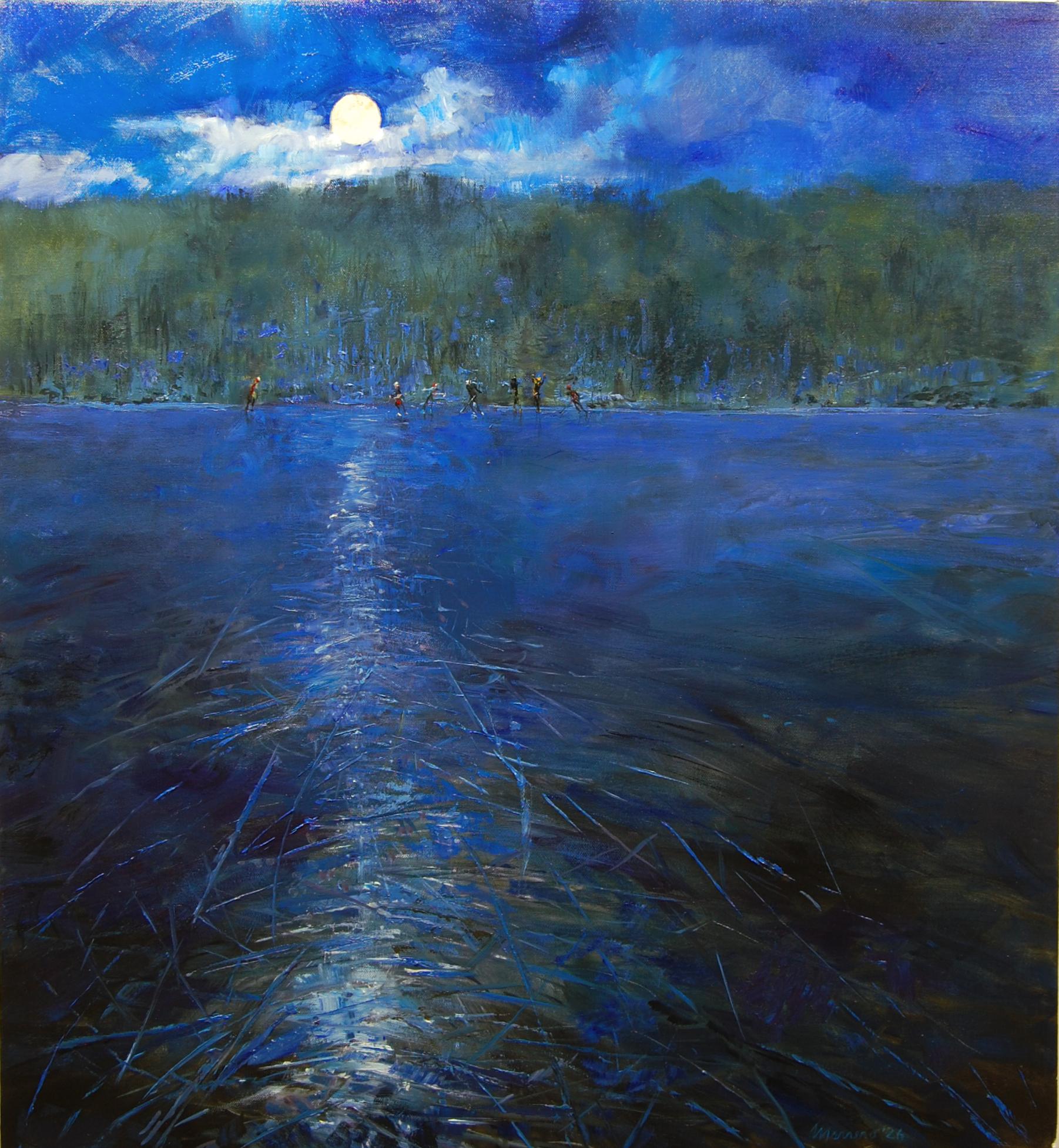 Onelio Marrero Landscape Painting - Skating in the Moonlight, Oil Painting