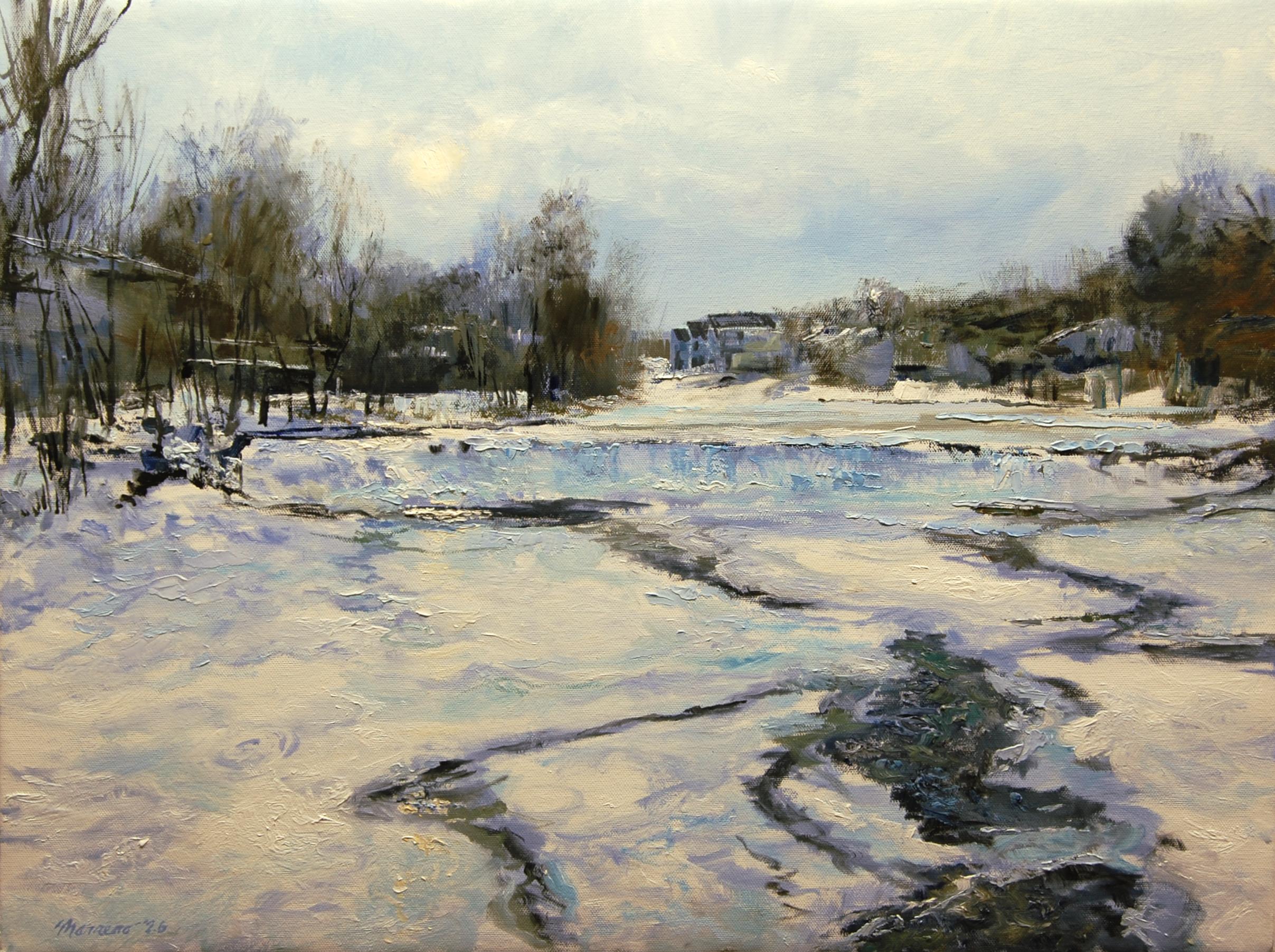 Landscape Painting Onelio Marrero - Déversoir gelé sur la rivière Rockaway, peinture à l'huile
