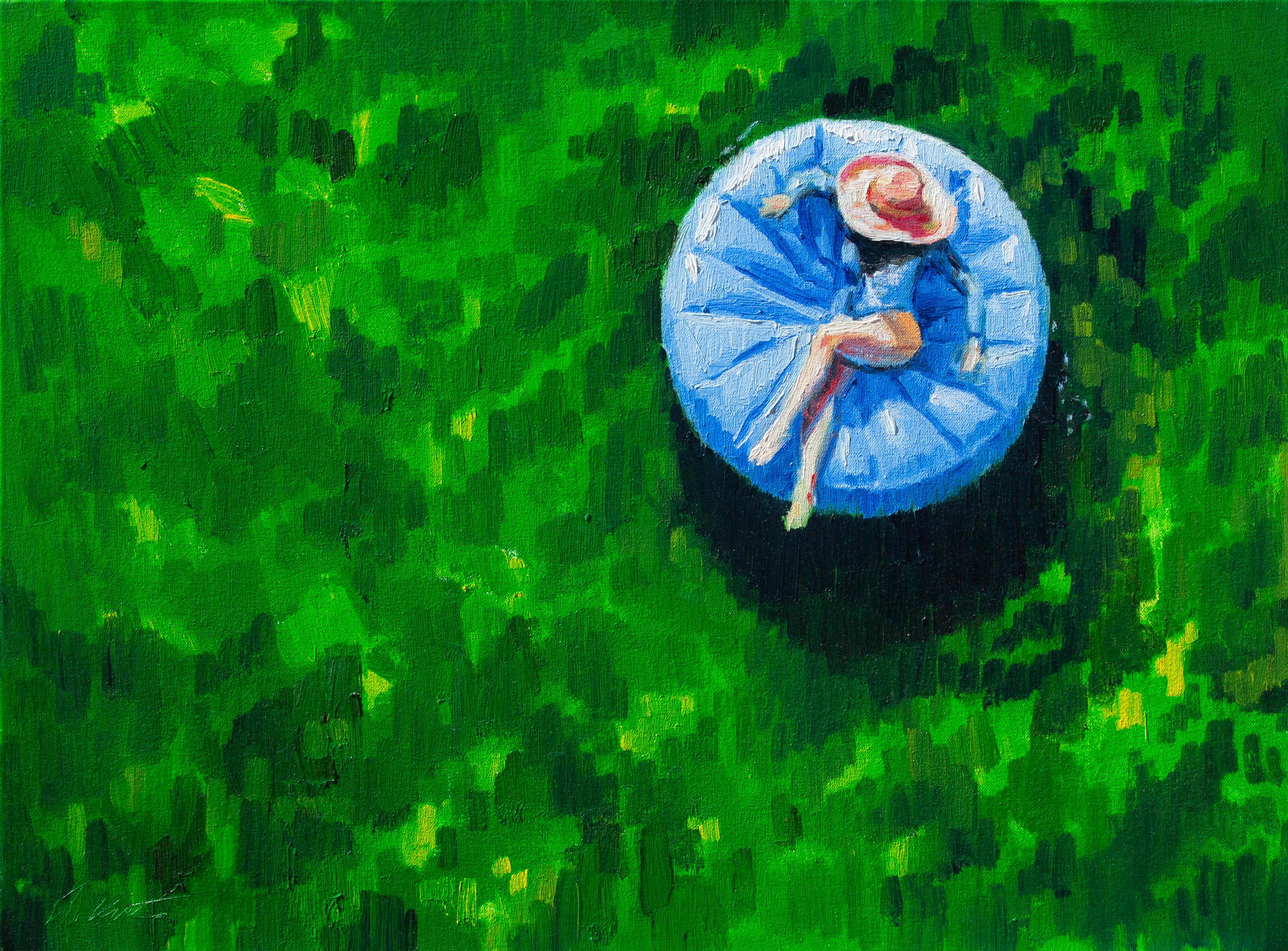 Warren Keating Figurative Painting - Echoes of Peace in Green and Blue, Oil Painting