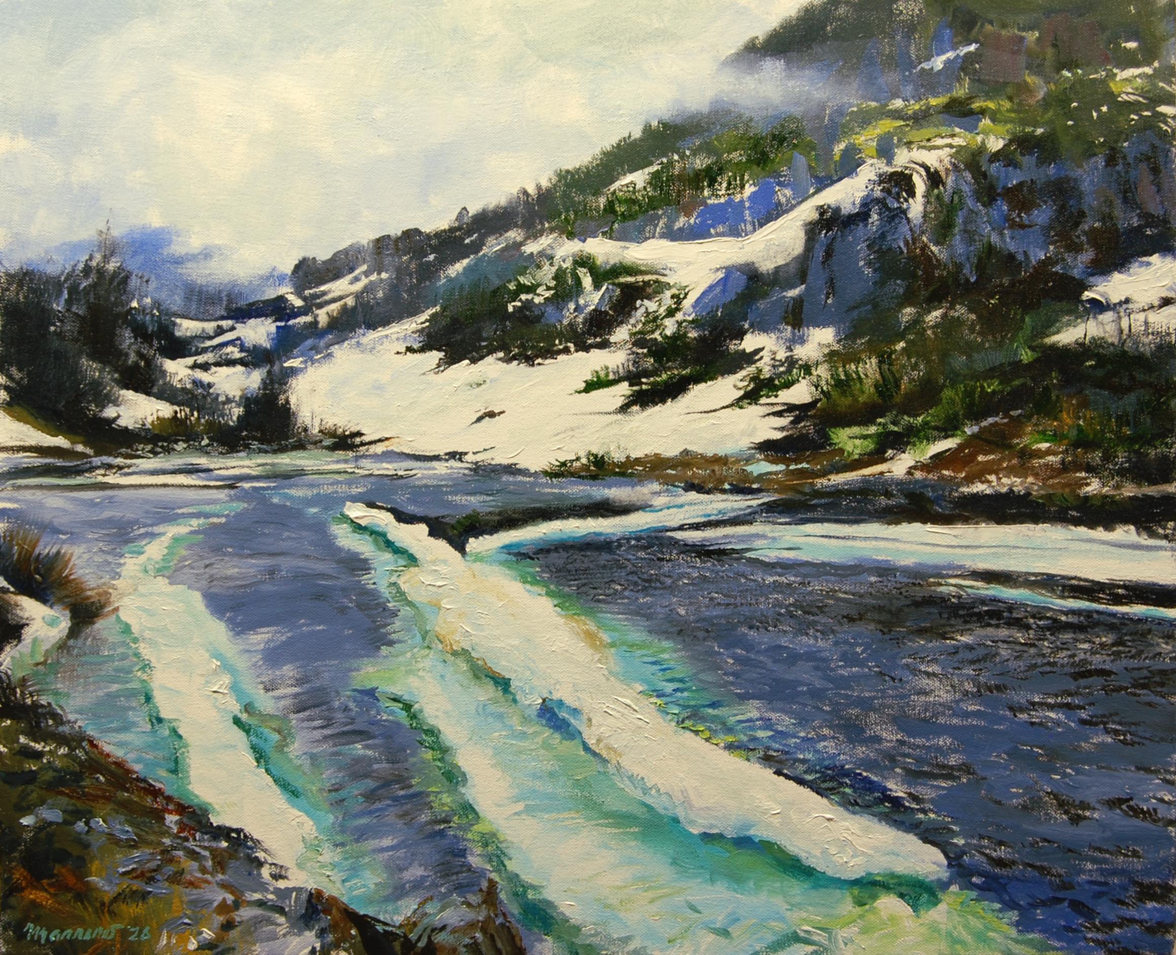 Landscape Painting Onelio Marrero - Le long de la ligne ferroviaire du White Pass, Skagway, peinture à l'huile