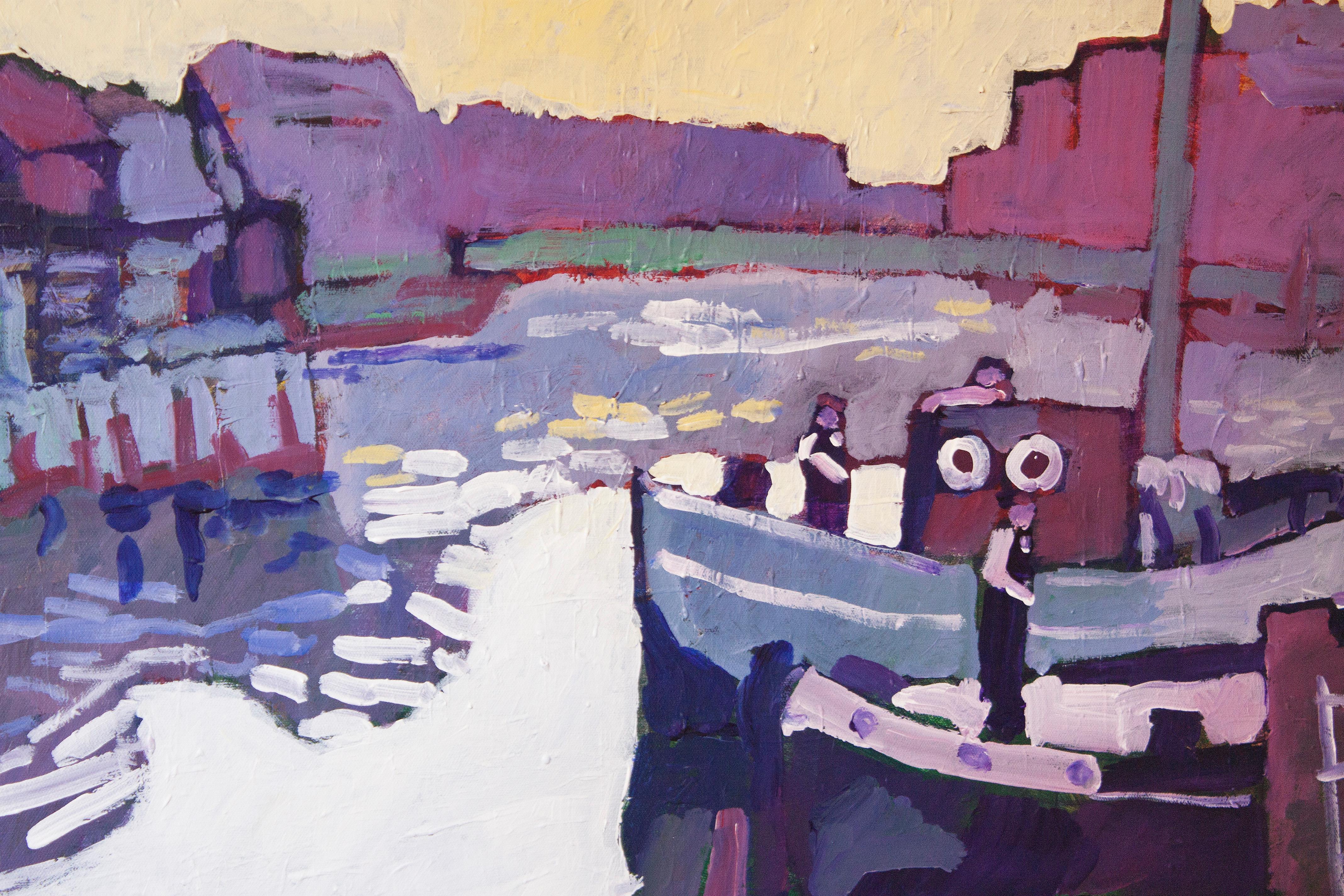 Dockside Morning - Gray Landscape Painting by Robert Hofherr