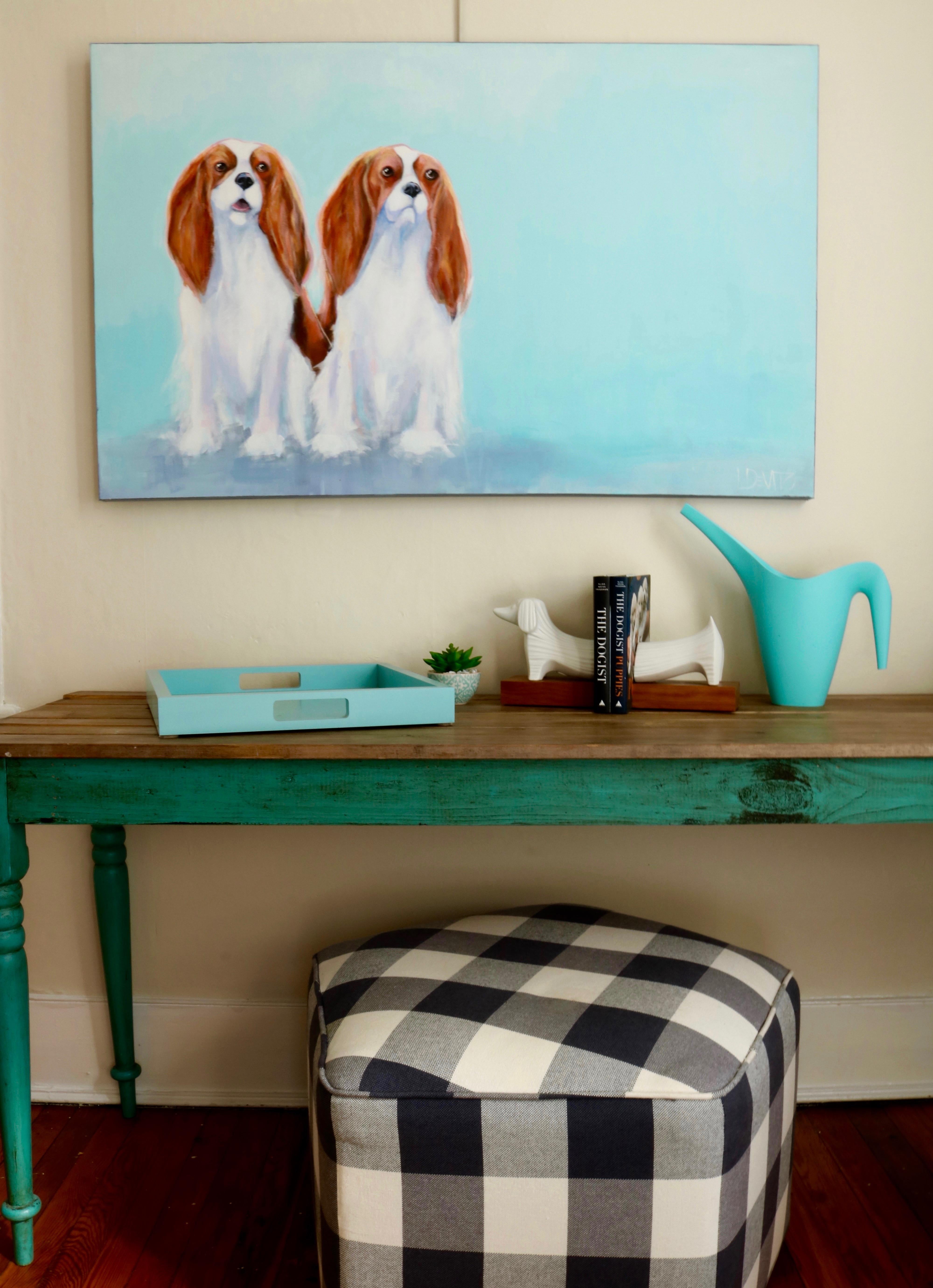 Dog Painting, Two Cavaliers - Blue Animal Painting by Lesli DeVito