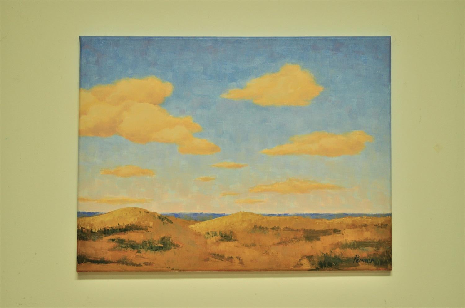 <p>Artist Comments<br />These sand dunes are next to water. They could be next to the ocean or the Great Lakes. I have lived on both coasts and now live near Lake Michigan.  The sky is also an important feature in this painting. The clouds are toned