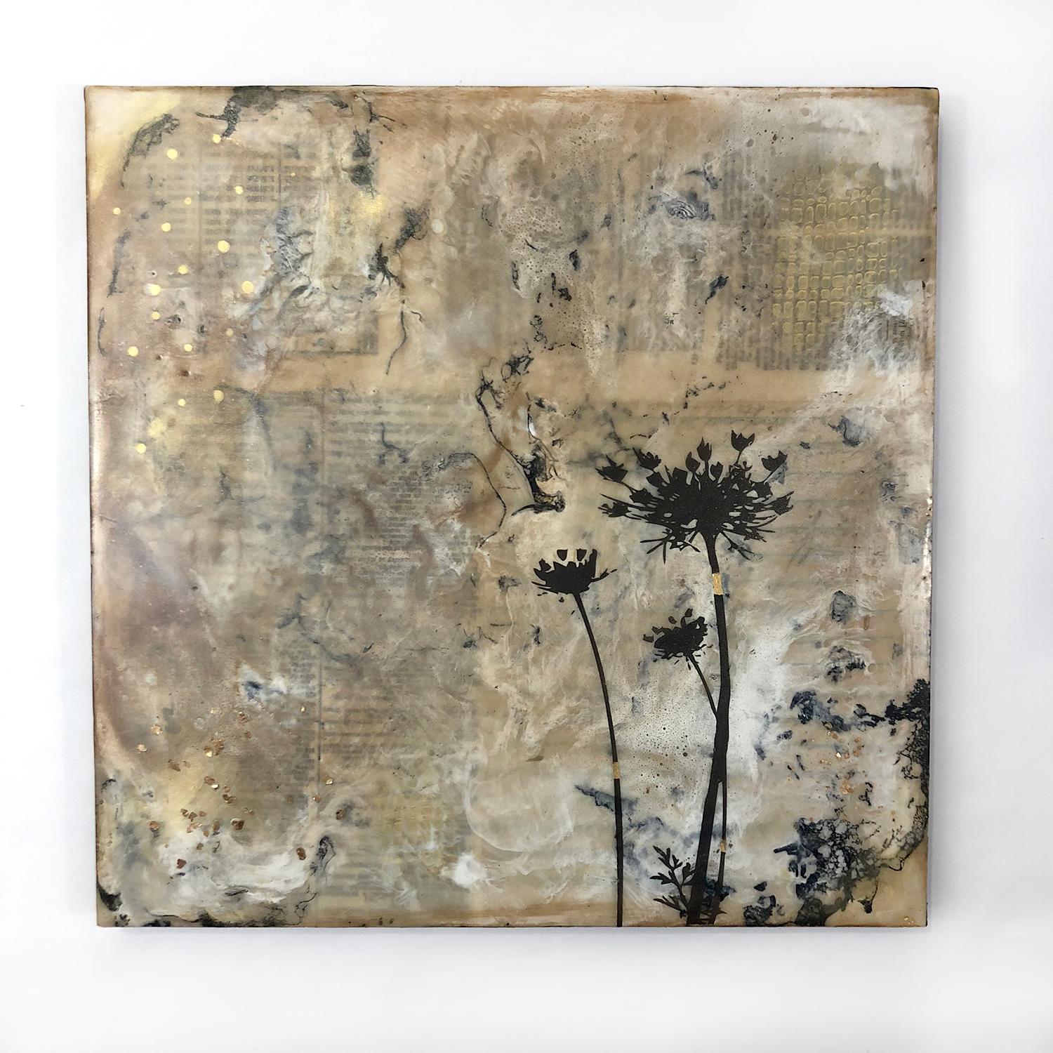 <p>Artist Comments<br />The beauty and simplicity of Queen Anne's Lace adorns this evocative painting. The background is made up of a variety of vintage ephemeral materials including old book pages, maps, letters and more. They quietly peek out in