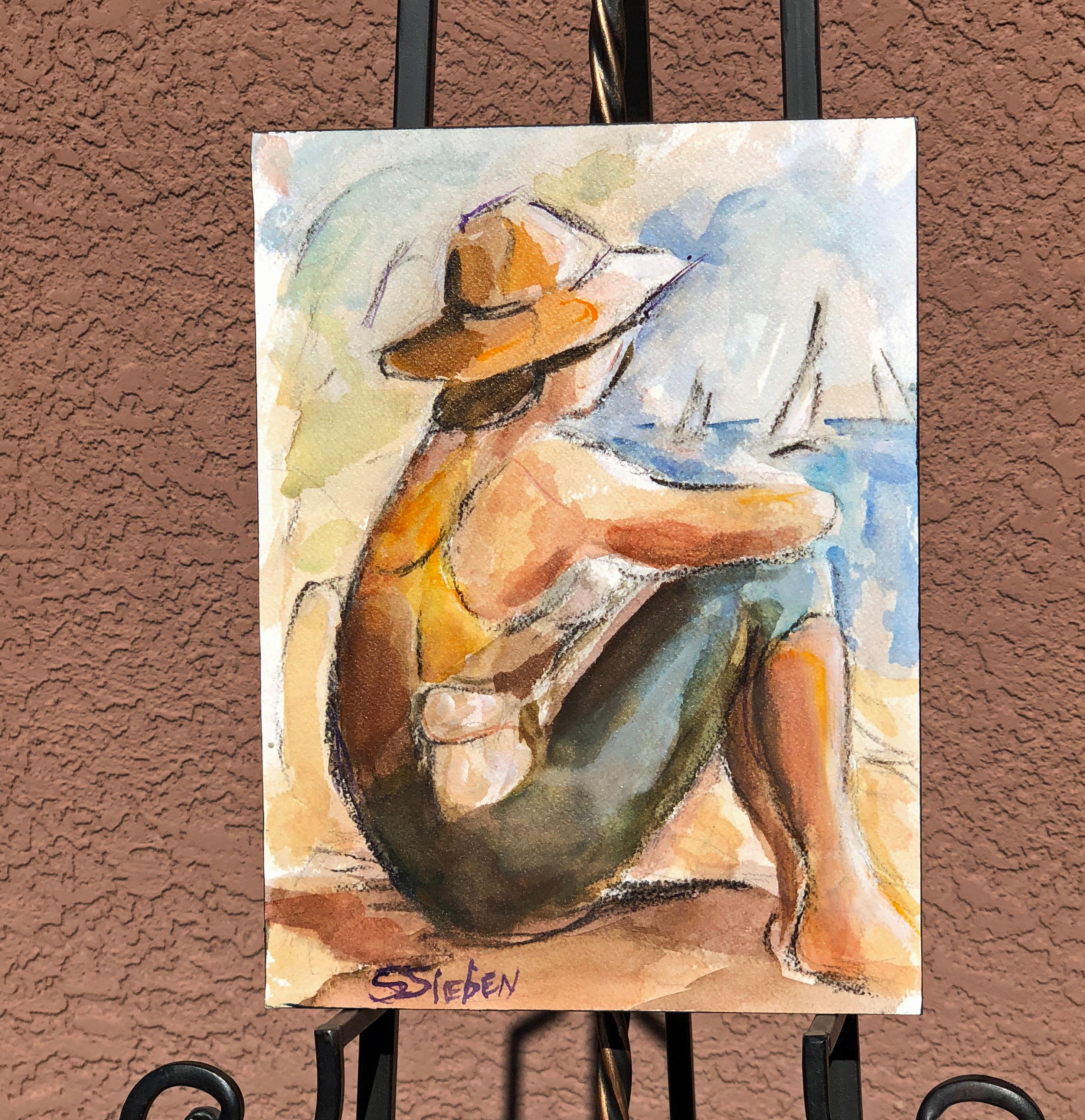 <p>Artist Comments<br />She sits on the beach but in her imagination, she's in the sailboat.  Expressive figure in watercolor. The artwork has been affixed to a 1.5 deep wood panel with the sides painted black. It is coated with UV protective