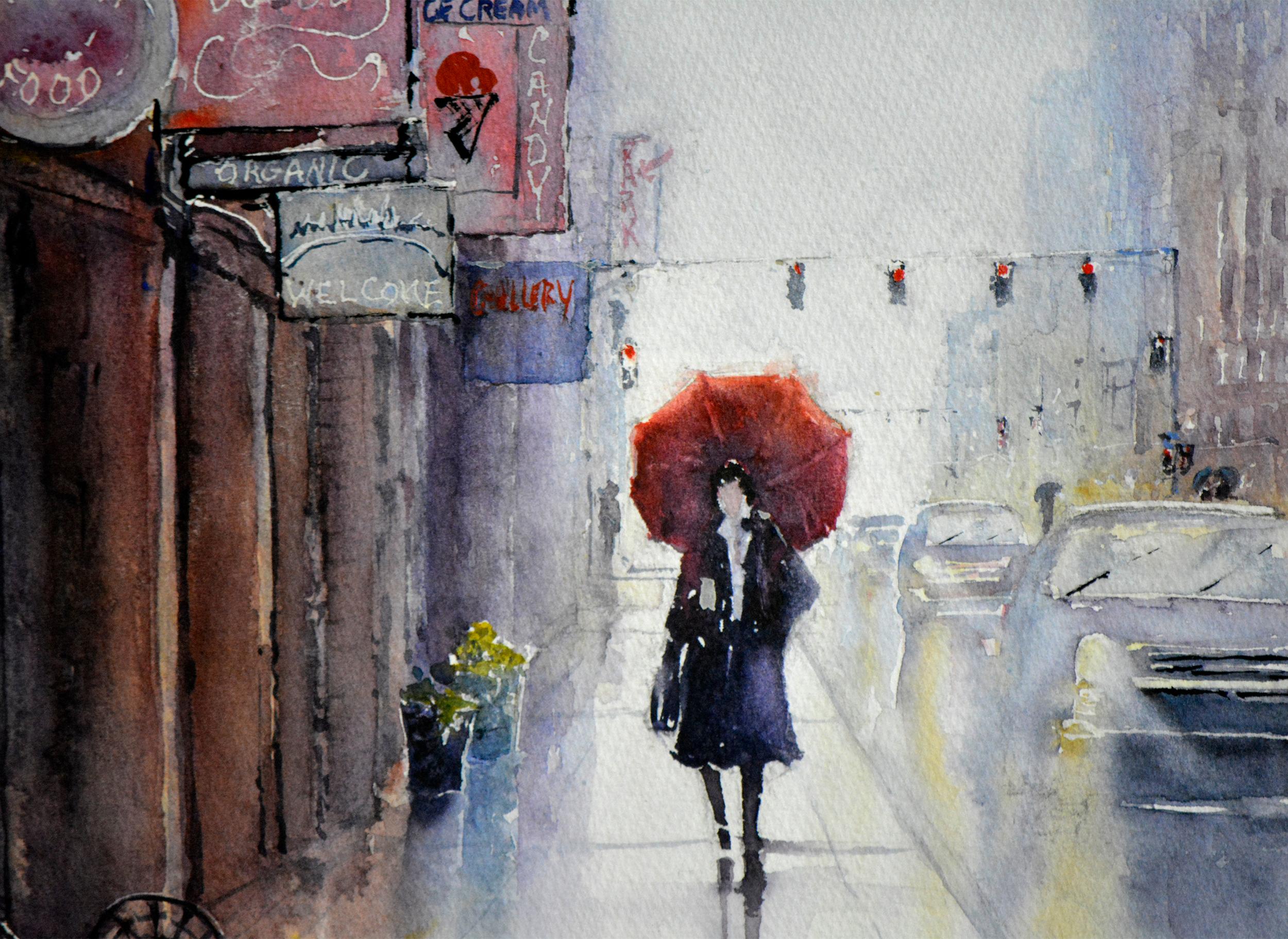 <p>Artist Comments<br />This is a painting from my City Life series.  The rainy urban scene is a perfect subject for the watercolor medium with its ability to run and flow.  It is painted with the finest professional watercolor materials.  It will