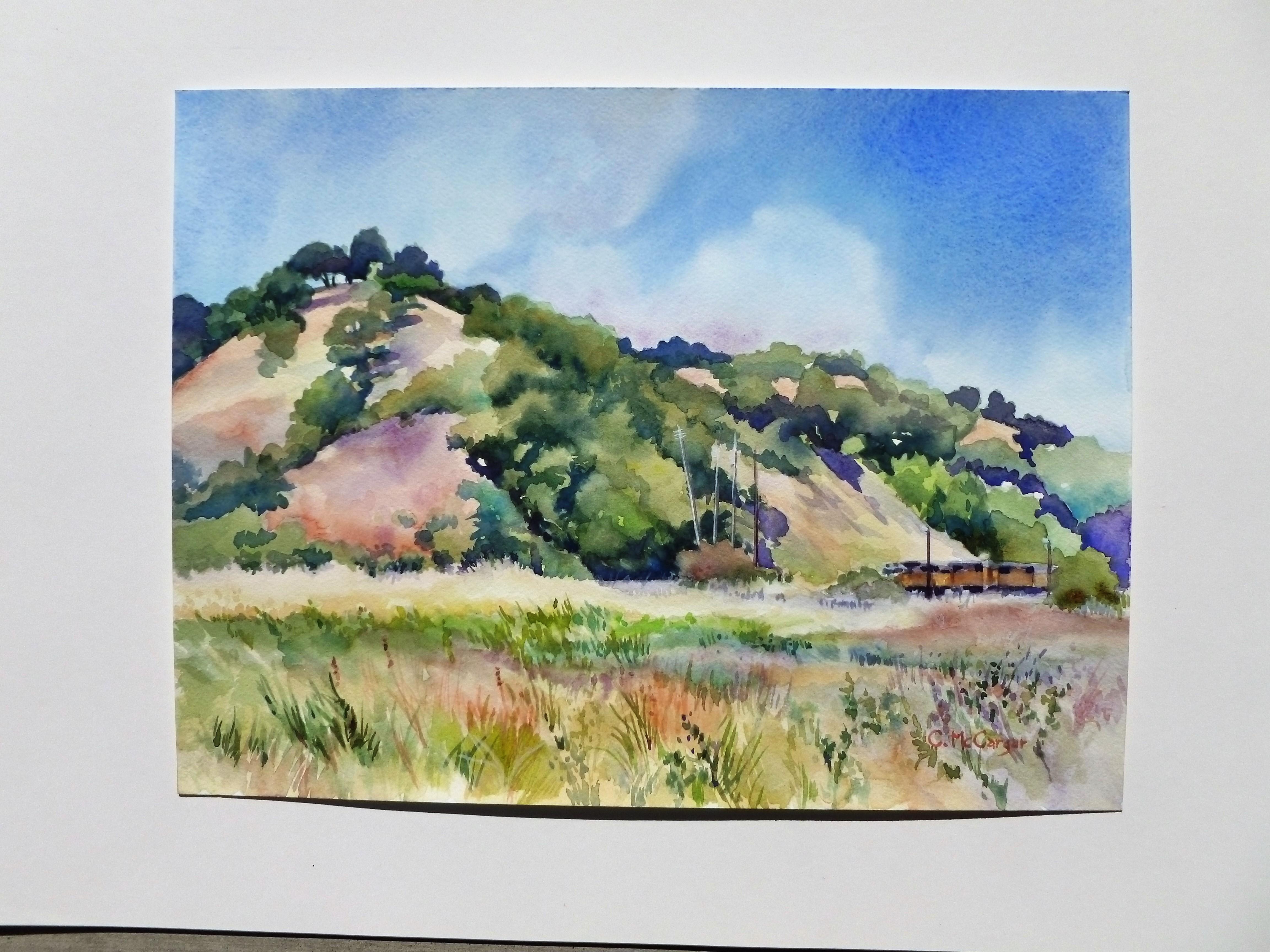 <p>Kommentare des Künstlers<br />Dies ist ein Gemälde, das ich en plein air gemalt habe. Es zeigt meinen Eindruck von Gräsern am Ufer und fernen Hügeln, mit der Faszination eines vorbeifahrenden Zuges, der gerade in Sichtweite ist.</p><p>Über die
