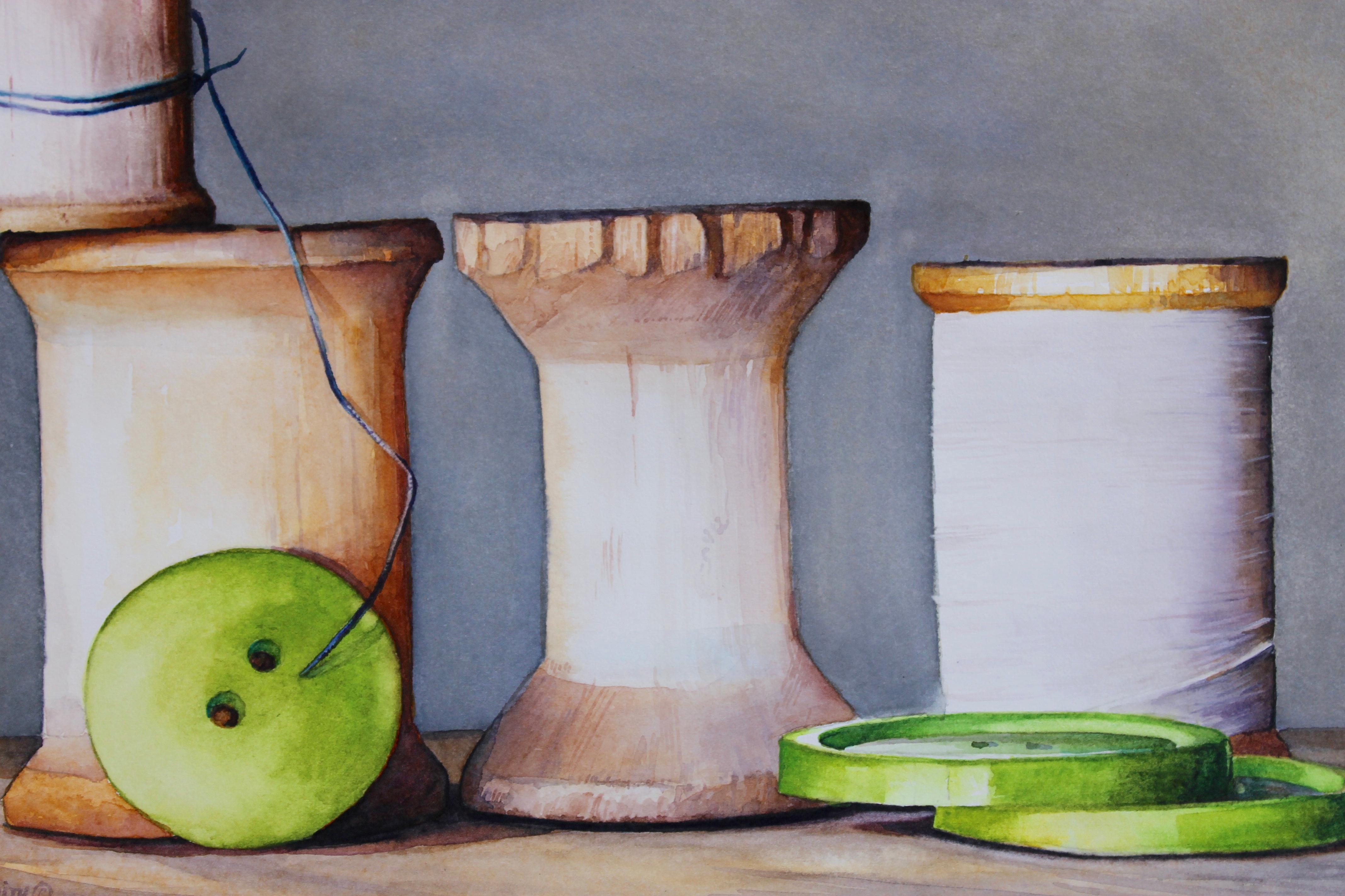 <p>Artist Comments<br />Alpine Meadow is an original watercolor still life painted in the realist tradition.  It is composed of found objects from around our home.  I love using wooden thread spools in some of my still lifes.  I imagine them to be