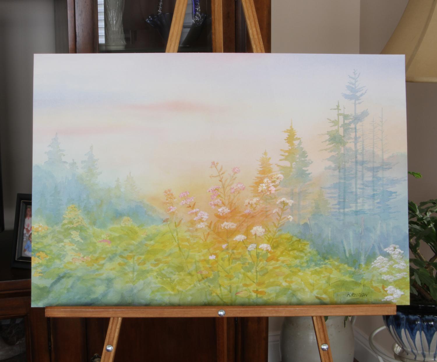 <p>Artist Comments<br>This is my third attempt at this piece. I have loved the glow of the setting sun in the mountains on the wild flowers and surrounding foliage and trees. This for me has been a softer use of color from my previous