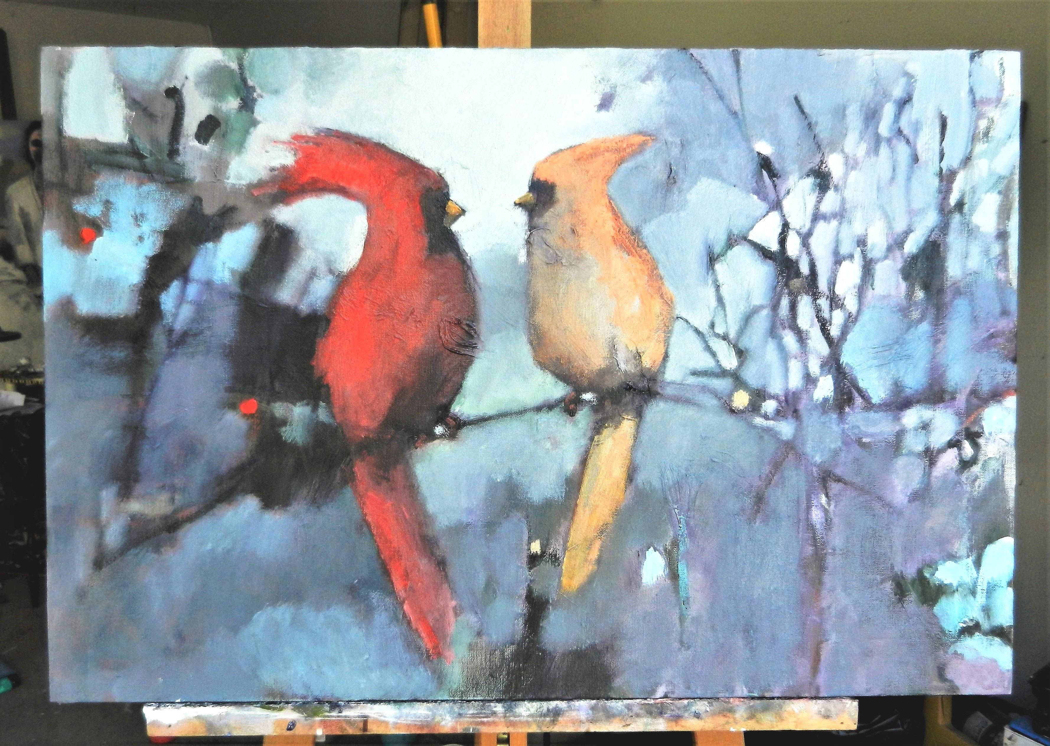 <p>Artist Comments<br />Visiting cardinal couples again, I painted this duo in stark contrast indicating the male and female difference. The background's muted colors and subtle patterns contrast the rich color in the birds making them
