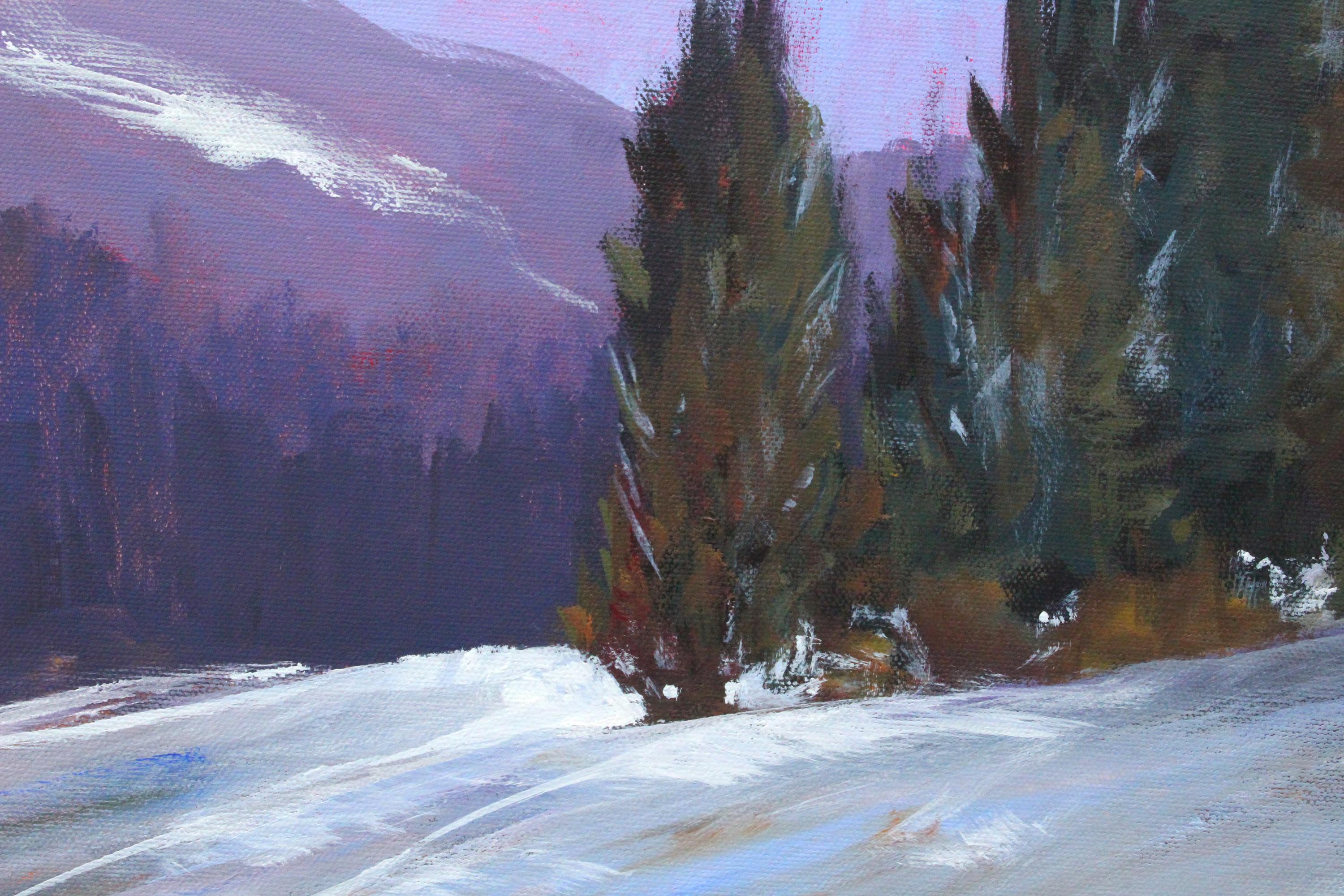 Scène d'hiver - Violet Landscape Painting par Nancy Merkle