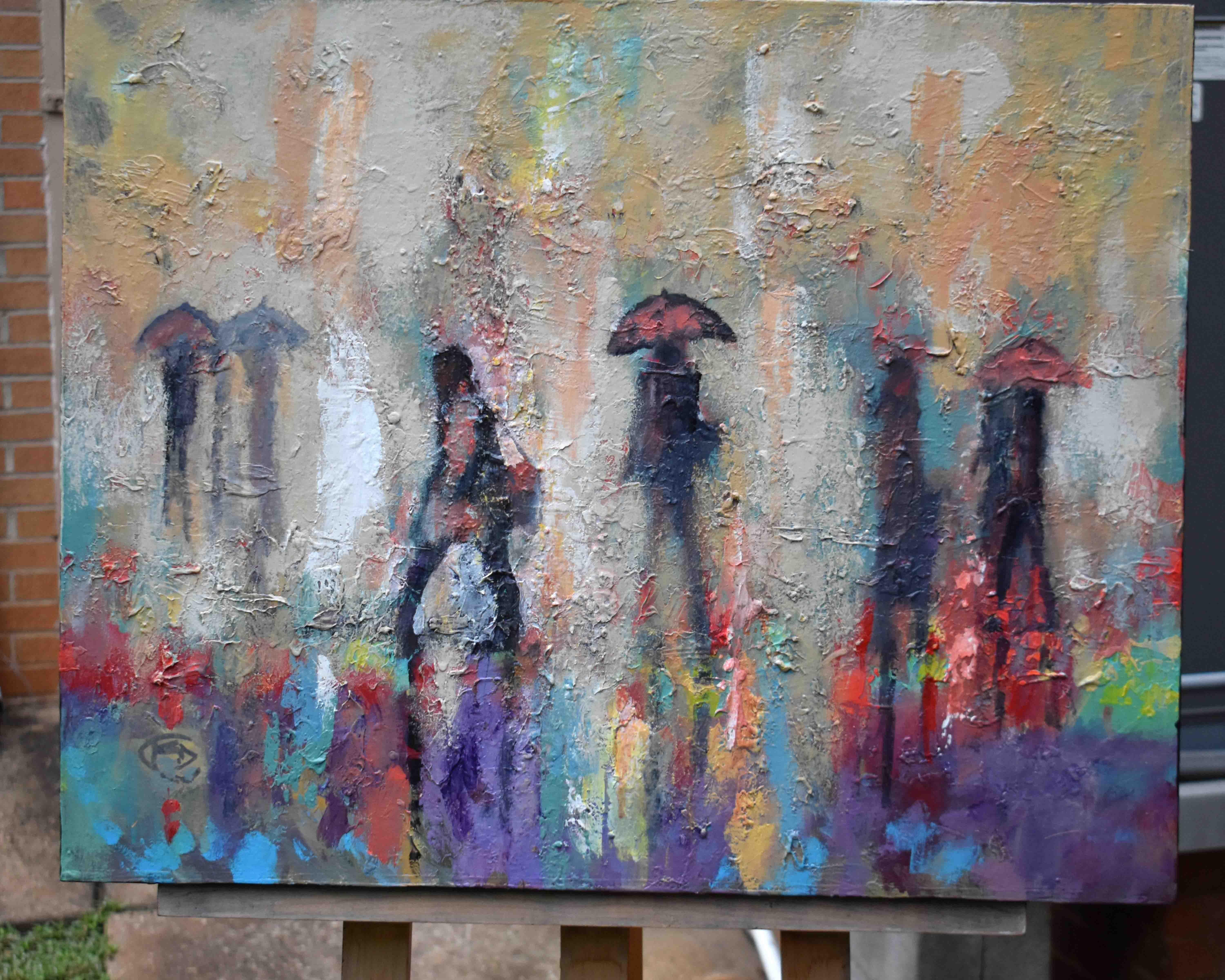 <p>Artist Comments<br>Going Places is a painting of people walking in the rain in the city. Umbrellas are prominent except for the young woman walking the fastest.</p><p>About the Artist<br>Kip Decker boasts more than 40 years of experience with