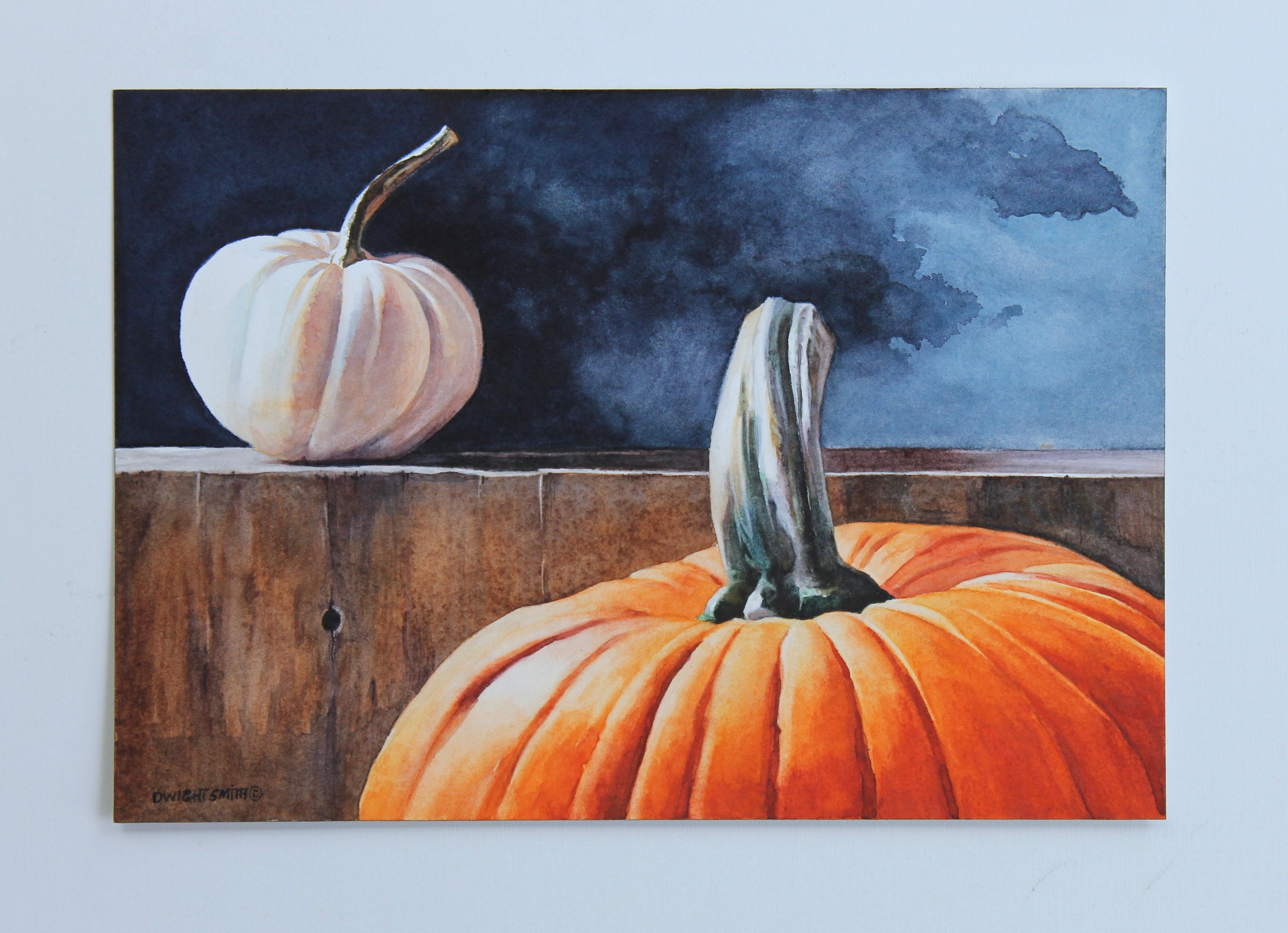 <p>Artist Comments<br>My favorite season is autumn for many reasons.  One is all the squashes with fall colors.  I spotted these cool white squash in the store and thought they would make an interesting still life.  Full Moon is the title of this