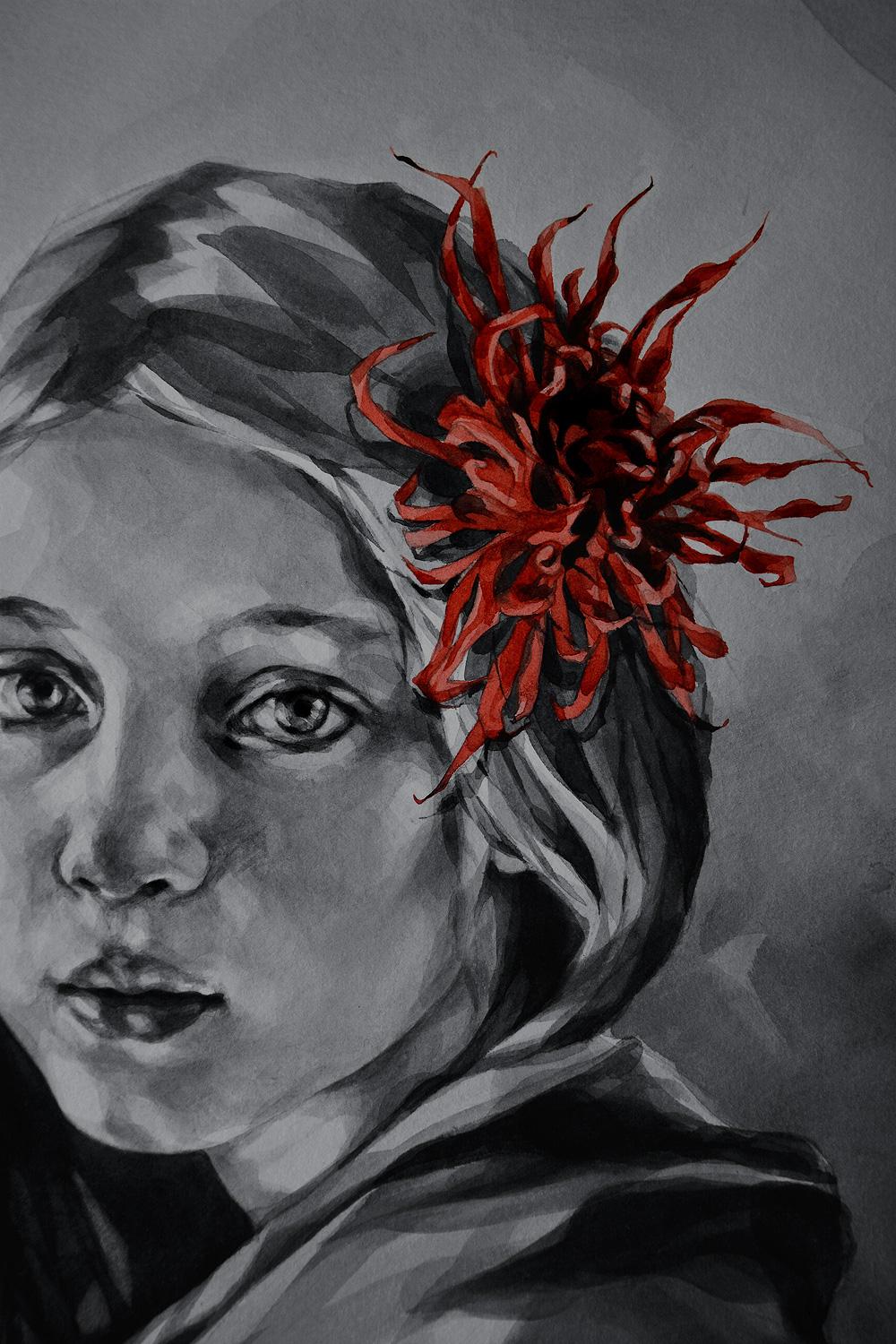 Girl With Chrysanthemum (Grau), Portrait, von Suzanna Orlova