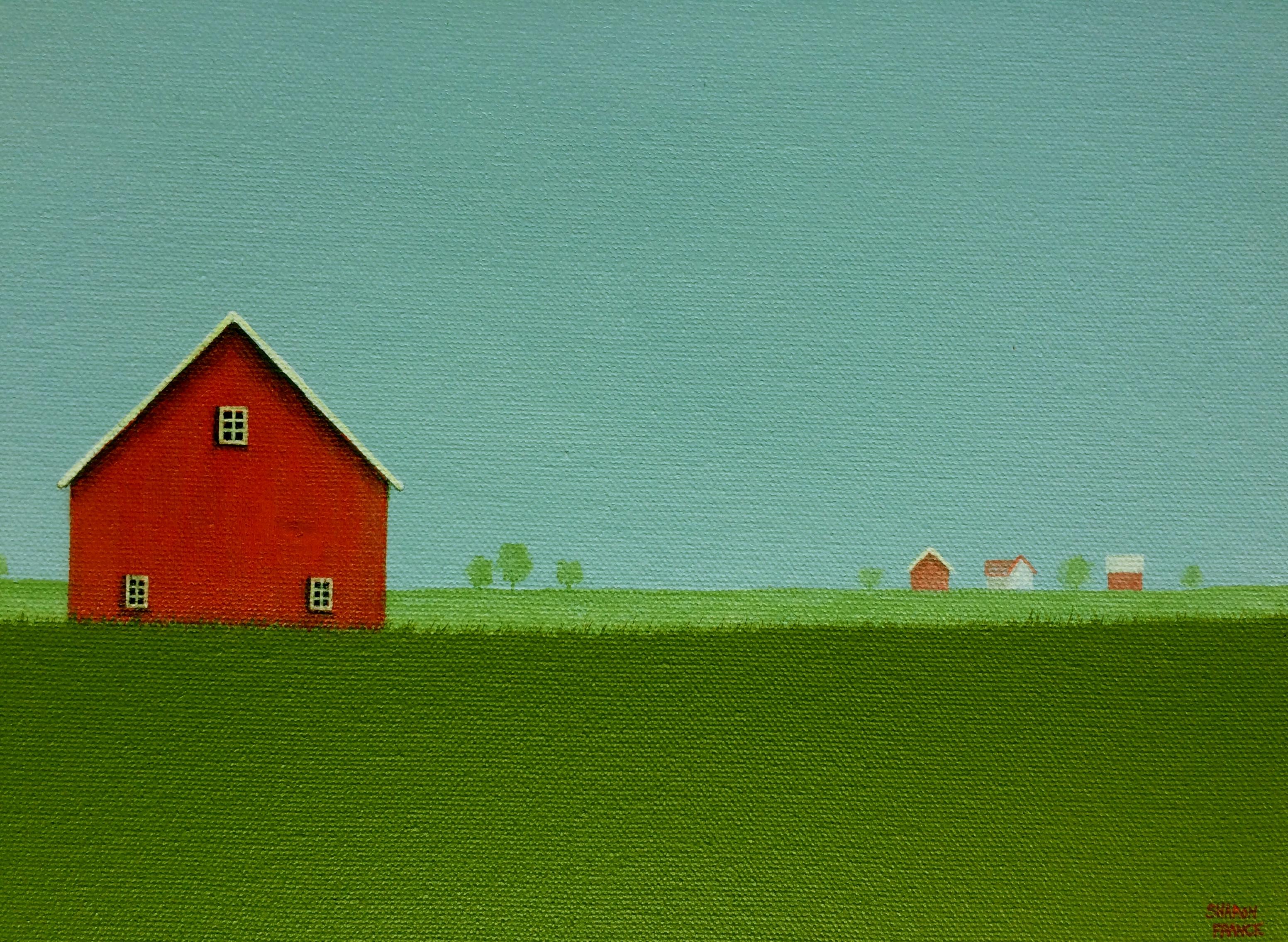 Red Barn on an Overcast Day - Painting by Sharon  France