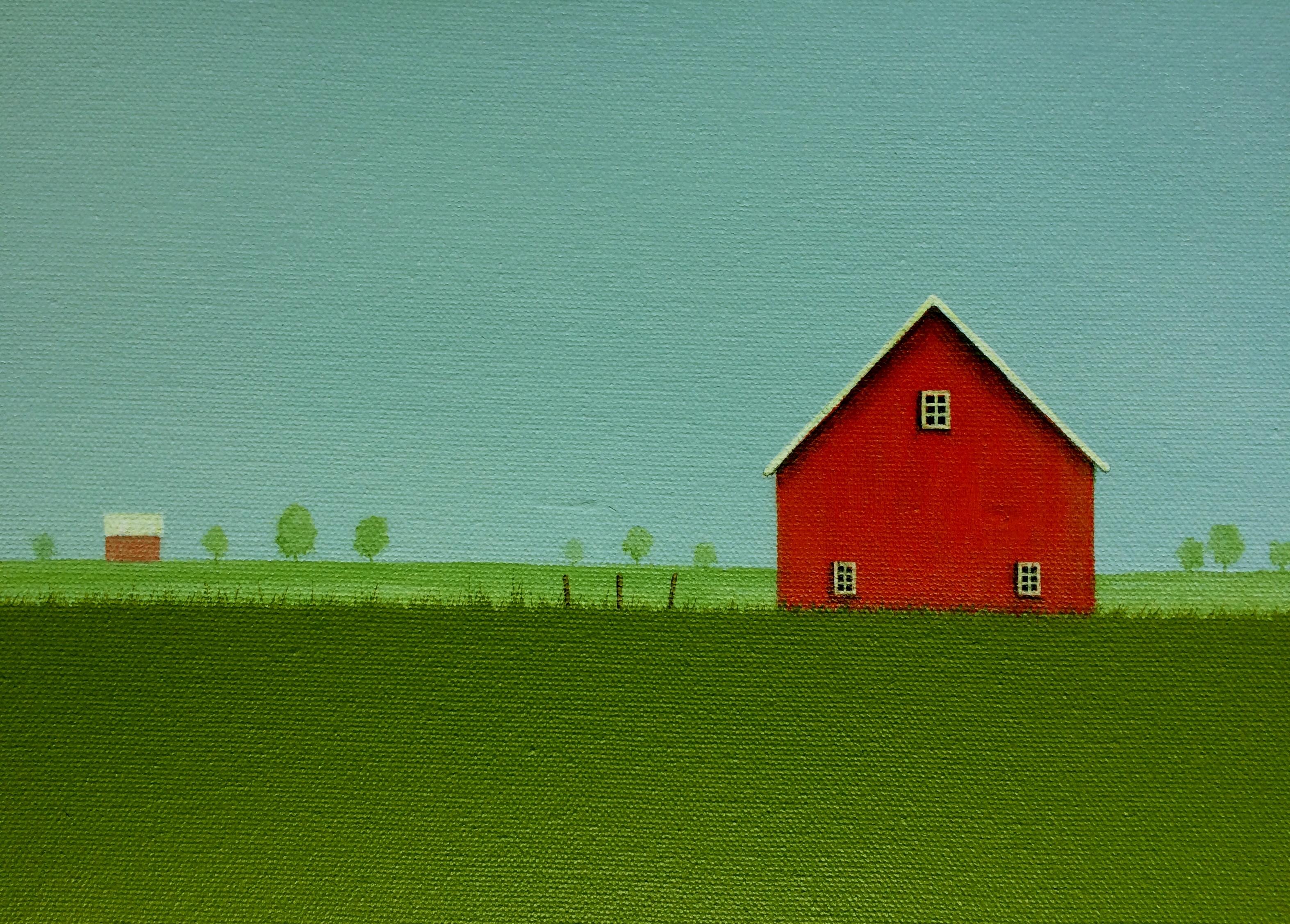 Barn Red on an Overcast Day ( Barn rouge sur un jour de surchauffage) - Contemporain Painting par Sharon  France