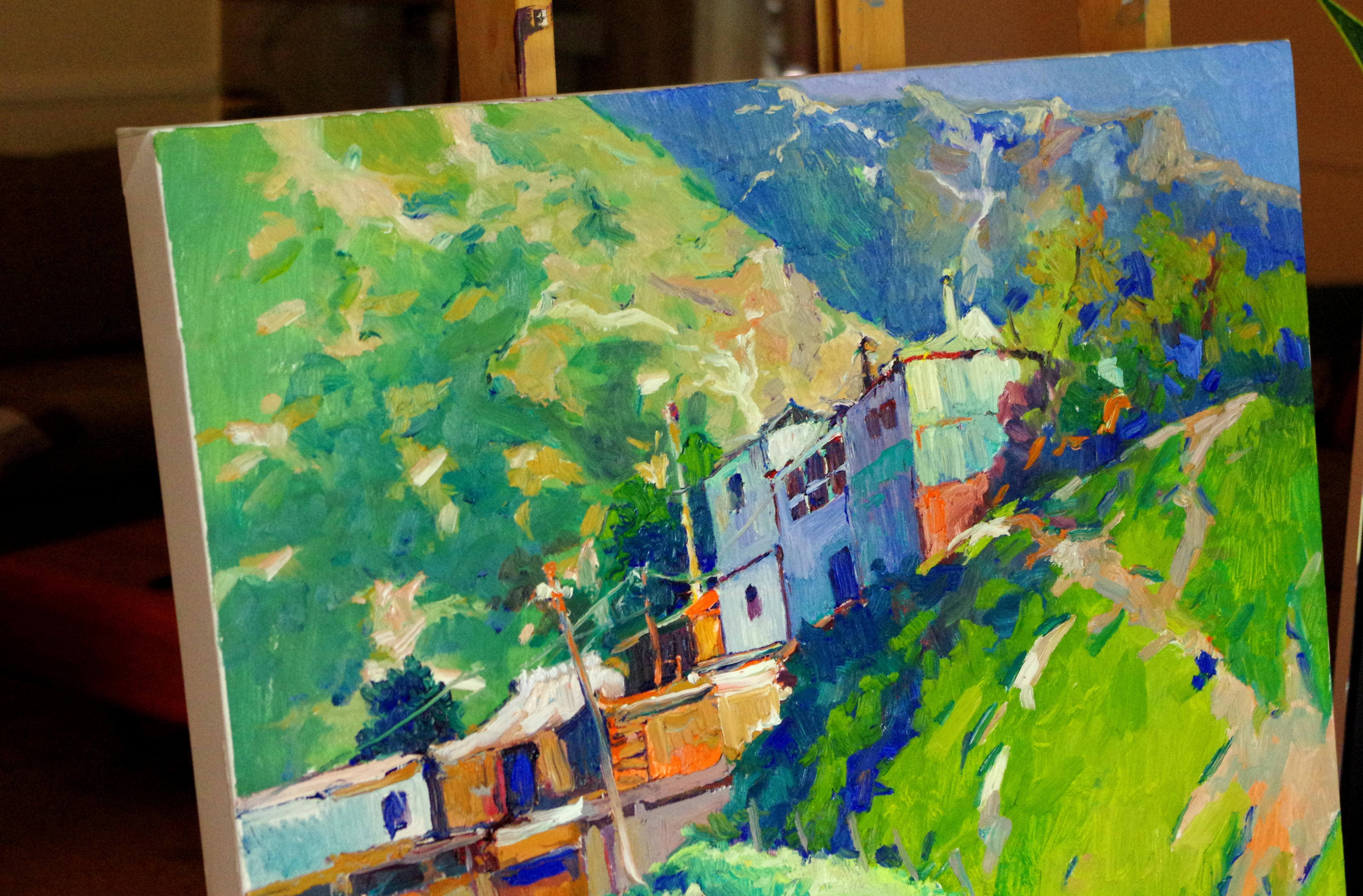 Farm Houses in the Mountains, Green Summer Mountain Landscape - Painting by Suren Nersisyan
