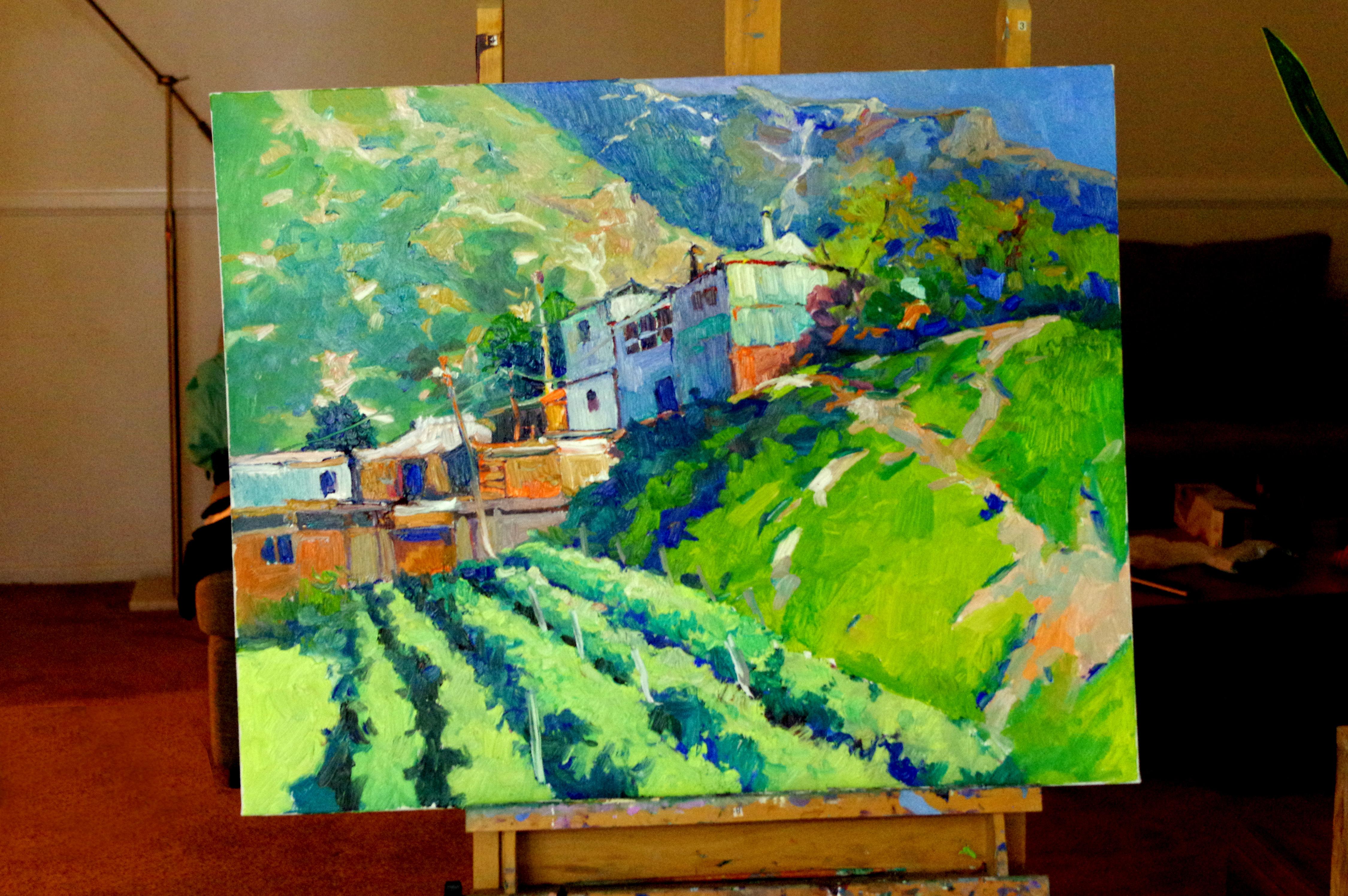 Farm Houses in the Mountains, Green Summer Mountain Landscape - Abstract Impressionist Painting by Suren Nersisyan