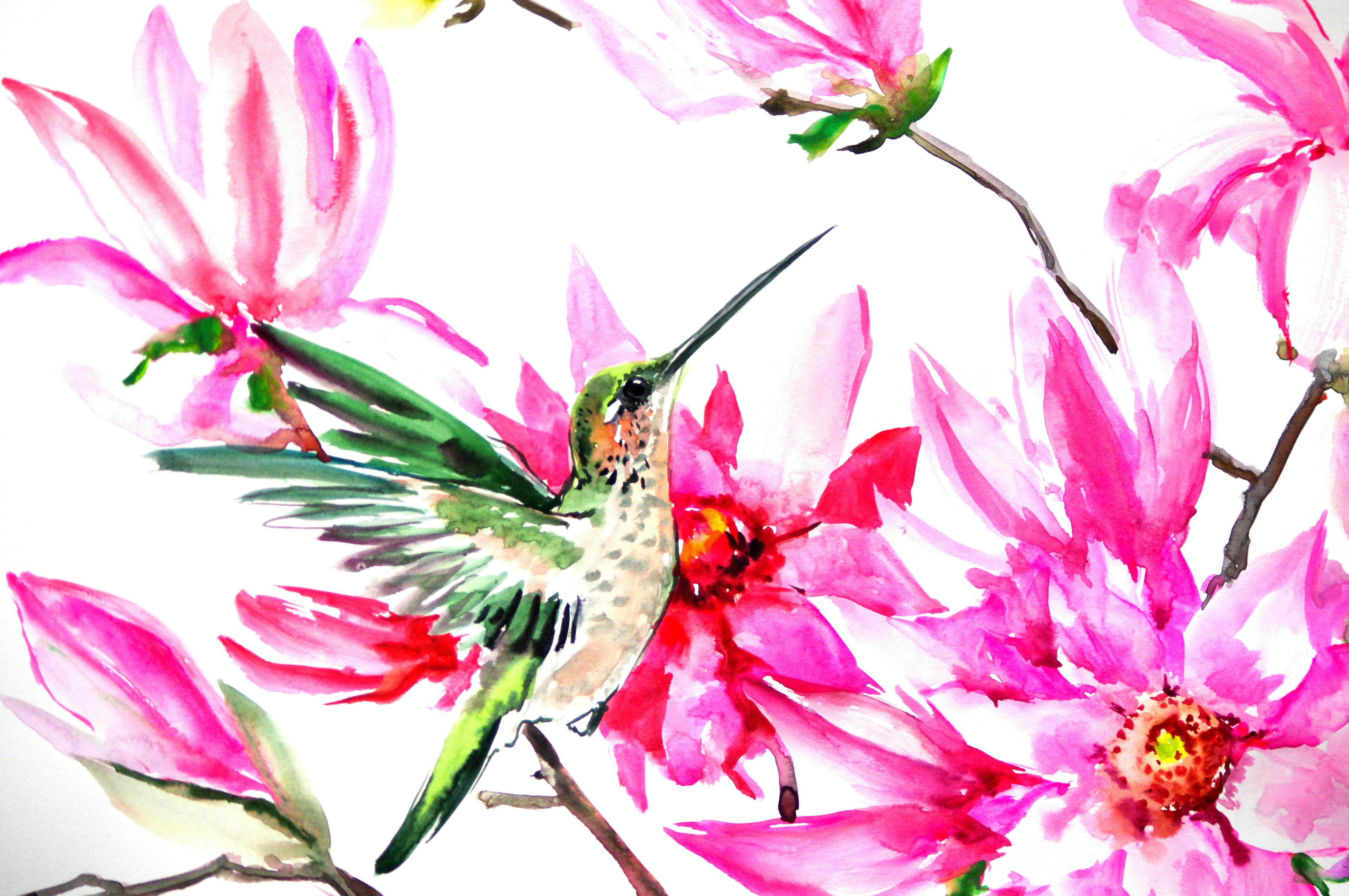 Hummingbird and Pink Magnolia Flowers - Art by Suren Nersisyan