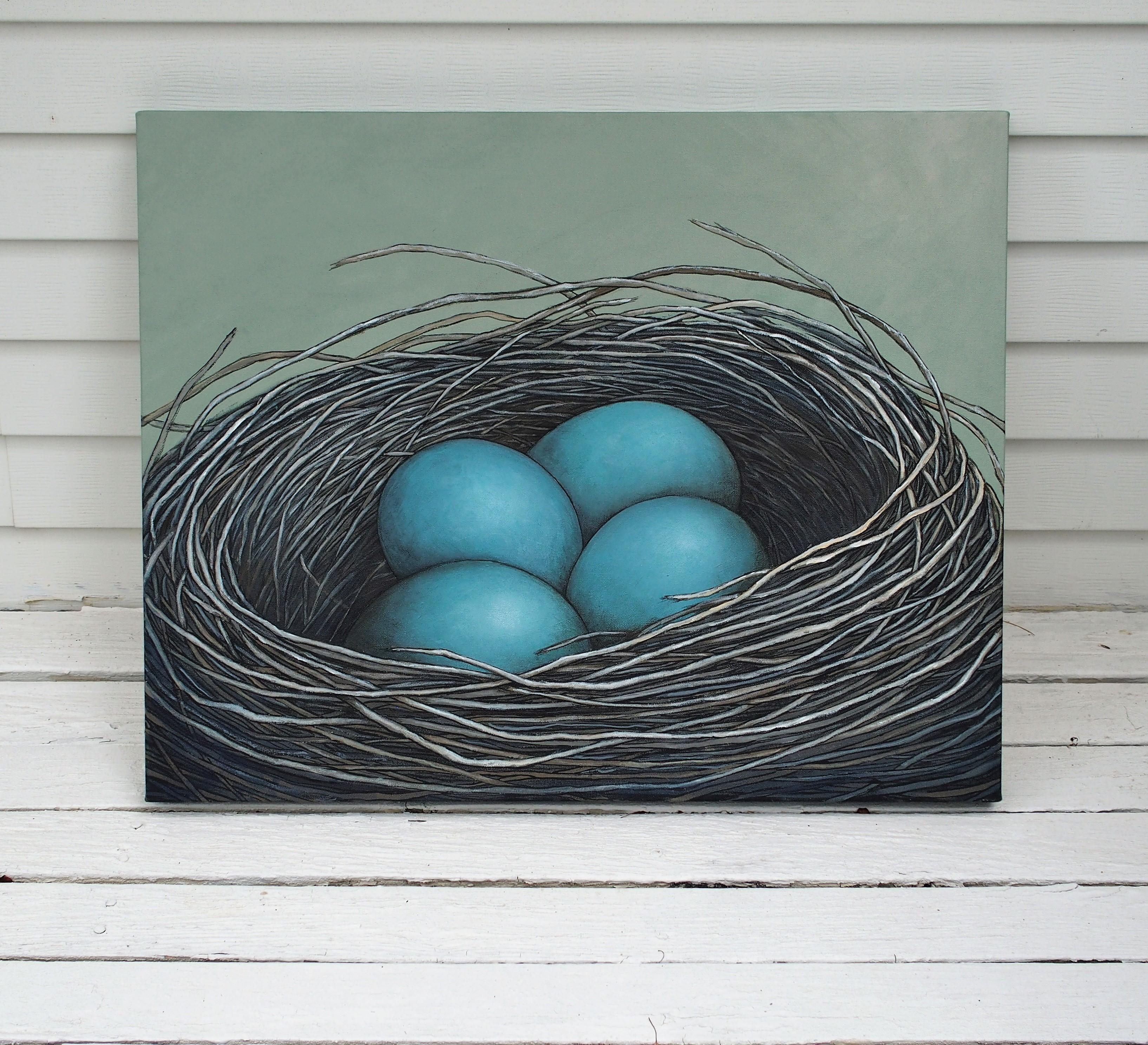 <p>Artist Comments<br />In this nest painting, I was trying to capture that beautiful soft morning light in the color of the background. The gallery wrapped canvas is finished by continuing the strands of the nest onto the sides.</p><p>About the
