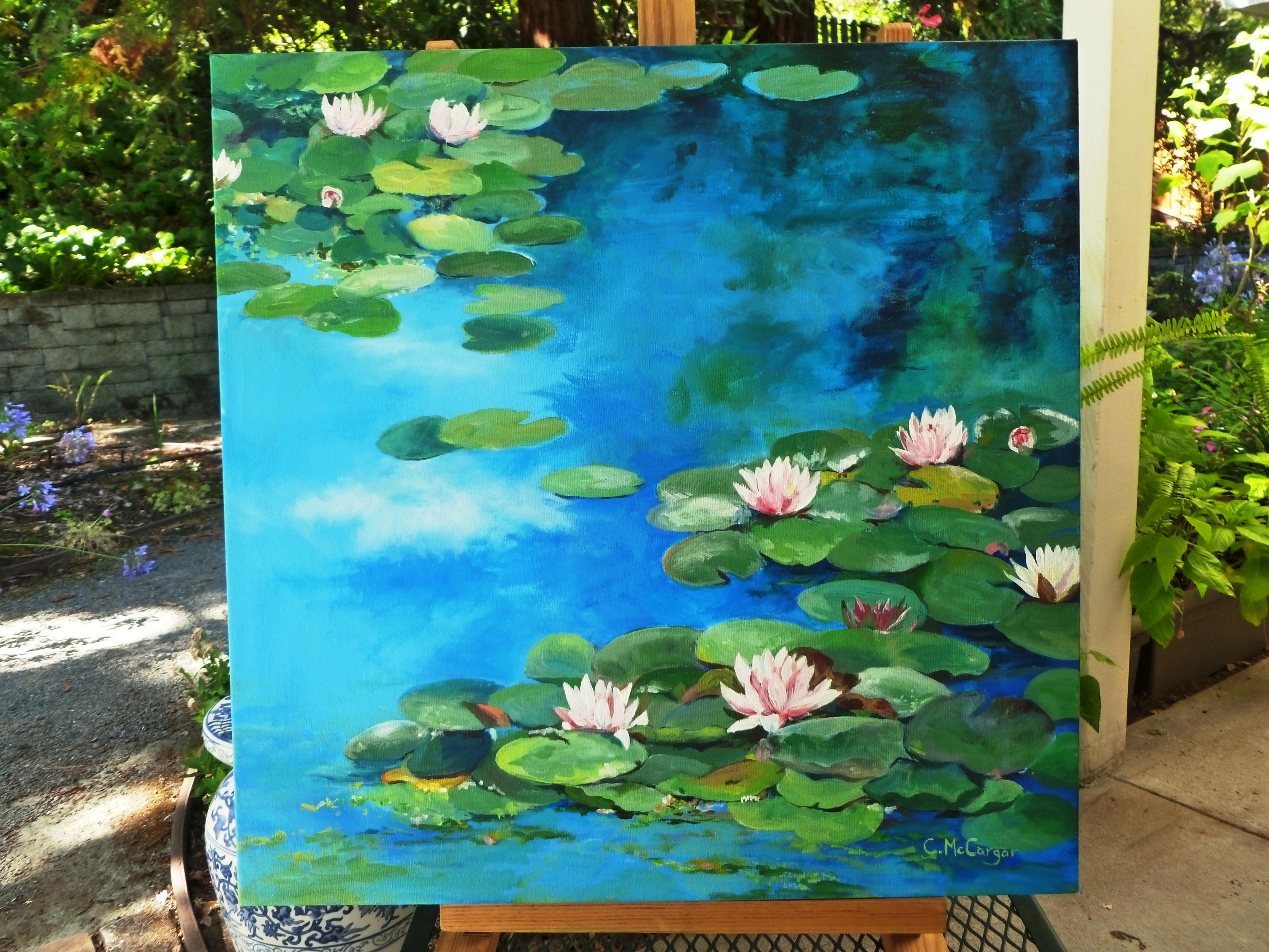 <p>Artist Comments<br />Waterlilies float in a calm pond on a clear day in this painting. I found a lovely quiet lily pond in Sonoma at the Sunset test gardens there. I thought about the wonderful paintings of waterlilies that Monet painted, and of