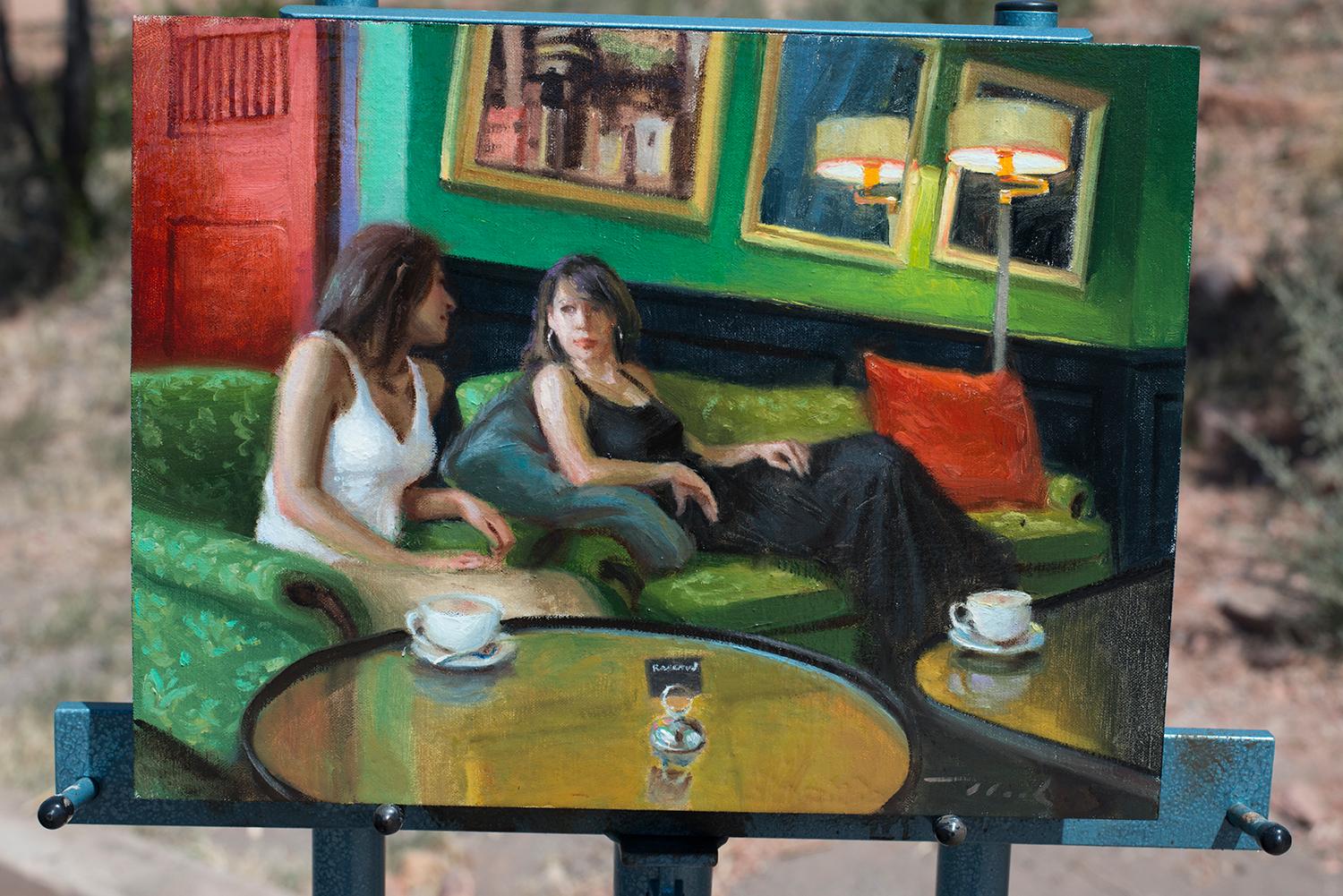 <p>Artist Comments<br />Two woman having tea together. There is something relaxing about sitting while drinking and having conversation. I love the greens and subtle flesh tones.  This piece is painted on linen mounted to gator board.</p><p>About