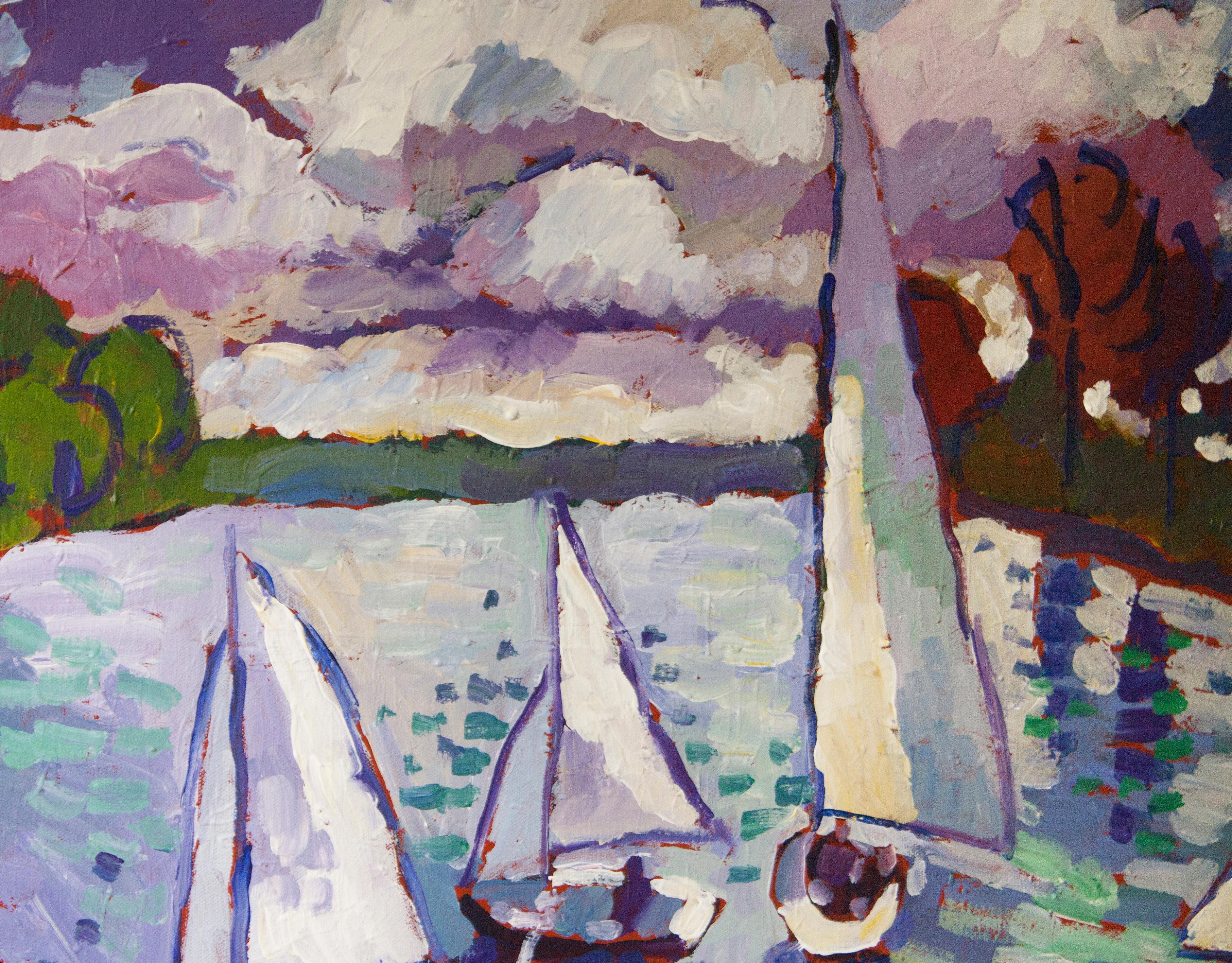 Sailboats - Gray Landscape Painting by Robert Hofherr