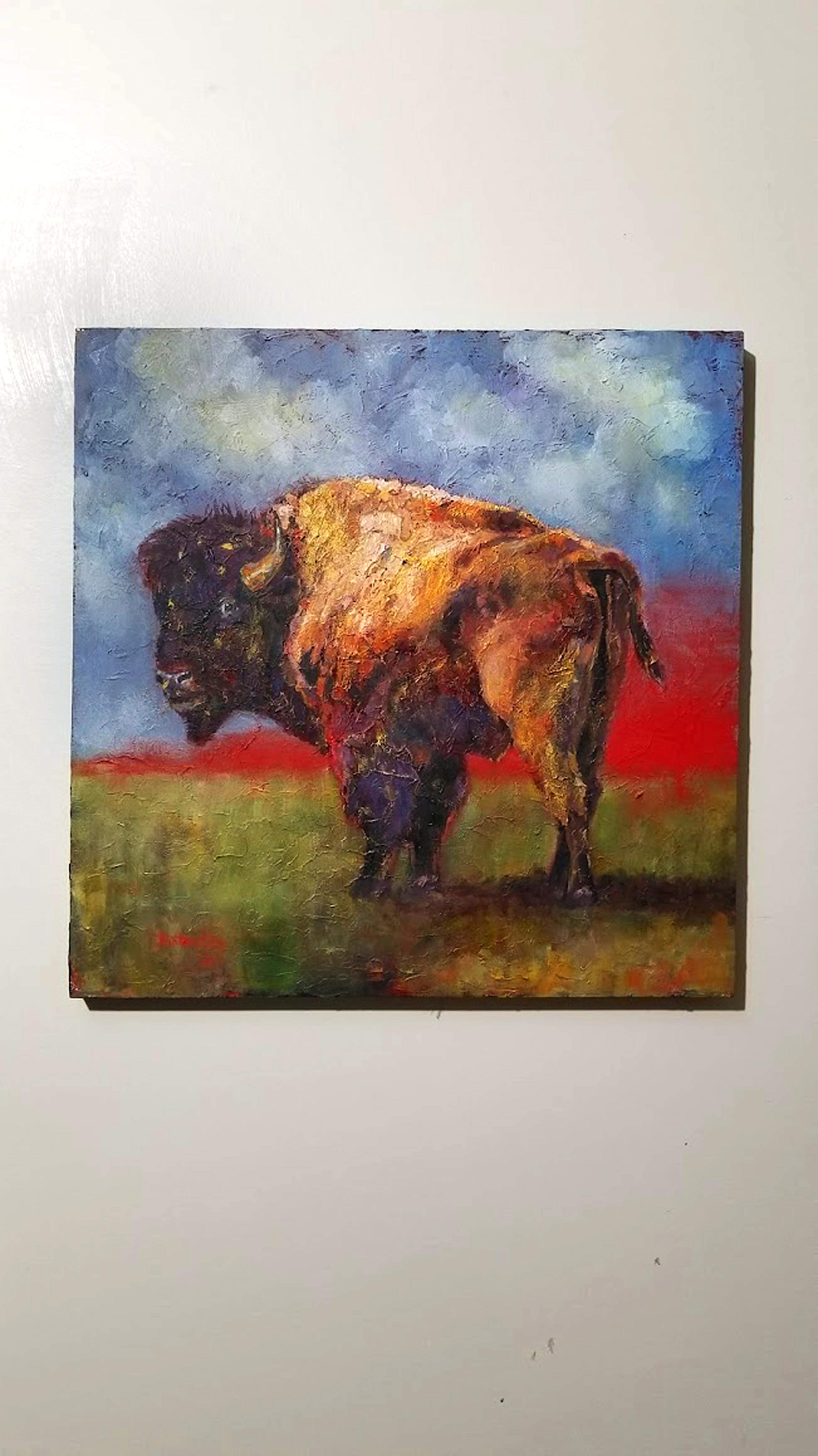 Lonely Bull, Oil Painting - Abstract Impressionist Art by Jan Fontecchio Perley