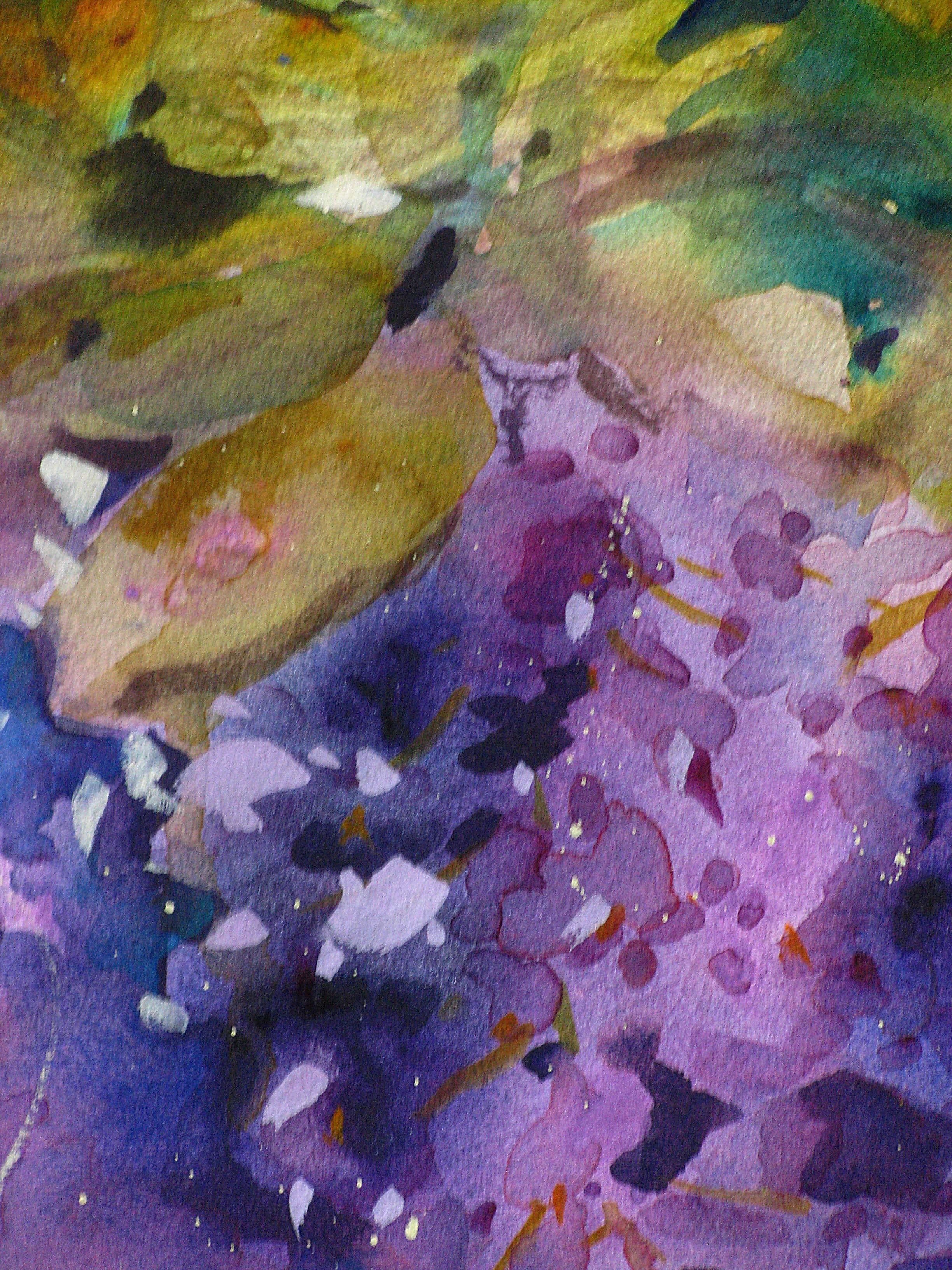 <p>Artist Comments<br />Purple and green are two of my favorite colors and wisteria is the perfect subject! I squirted paint directly onto the paper to make a lovely, saturated wash. When dry I developed the piece intuitively. I finished with tinted