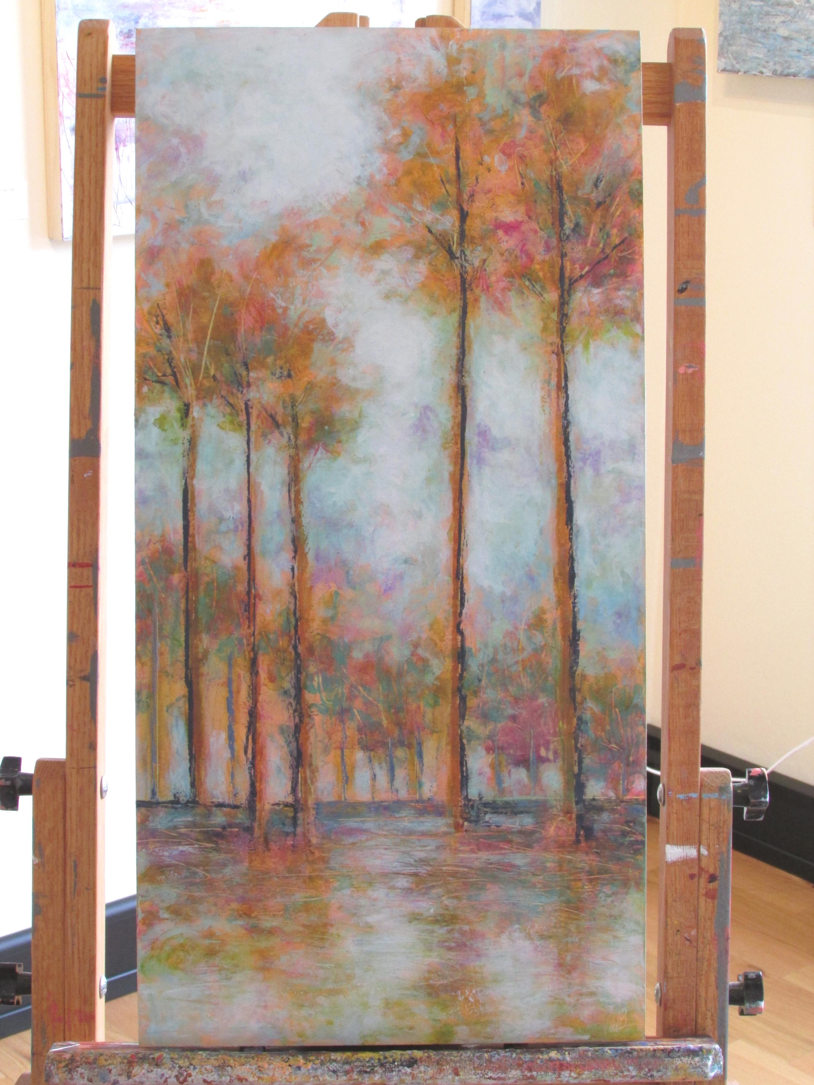 <p>Artist Comments<br />Inspired by Monet's row of cypress trees, I created my own row of trees in soft tones of misty light using layers of transparent oil and cold wax.</p><br /><p>About the Artist<br />Valerie Berkely uses her finger tips as