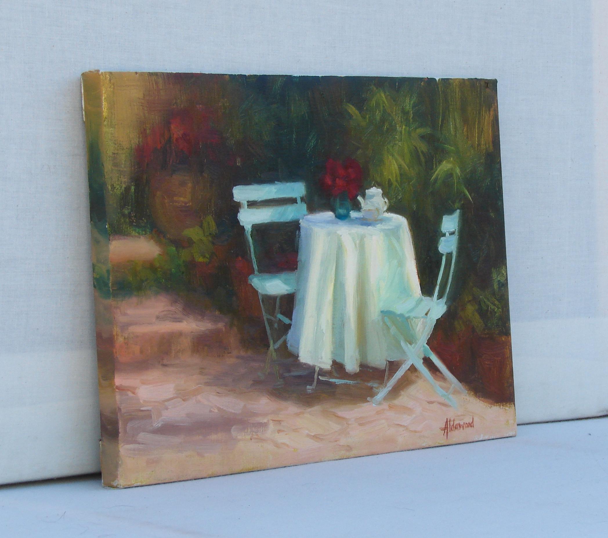 Garden Tea, Oil Painting - Black Still-Life Painting by Sherri Aldawood