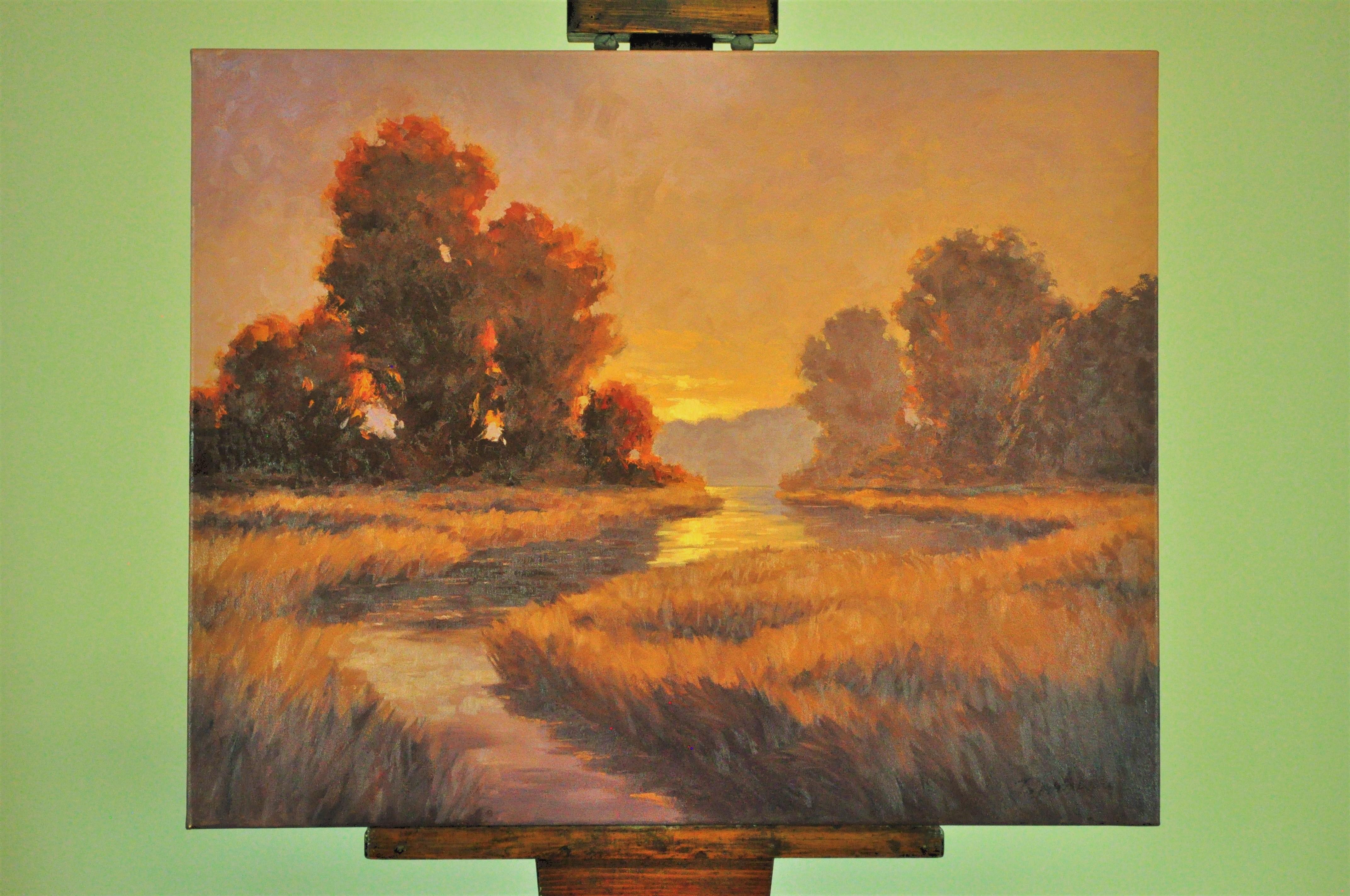 <p>Commentaires de l'artiste<br />Tôt un matin, j'étais à la rivière juste au moment où le soleil se levait.  La joie que j'ai ressentie à ce moment-là a donné le ton de ma journée.  J'ai esquissé la scène, puis je suis retourné à l'atelier et j'ai