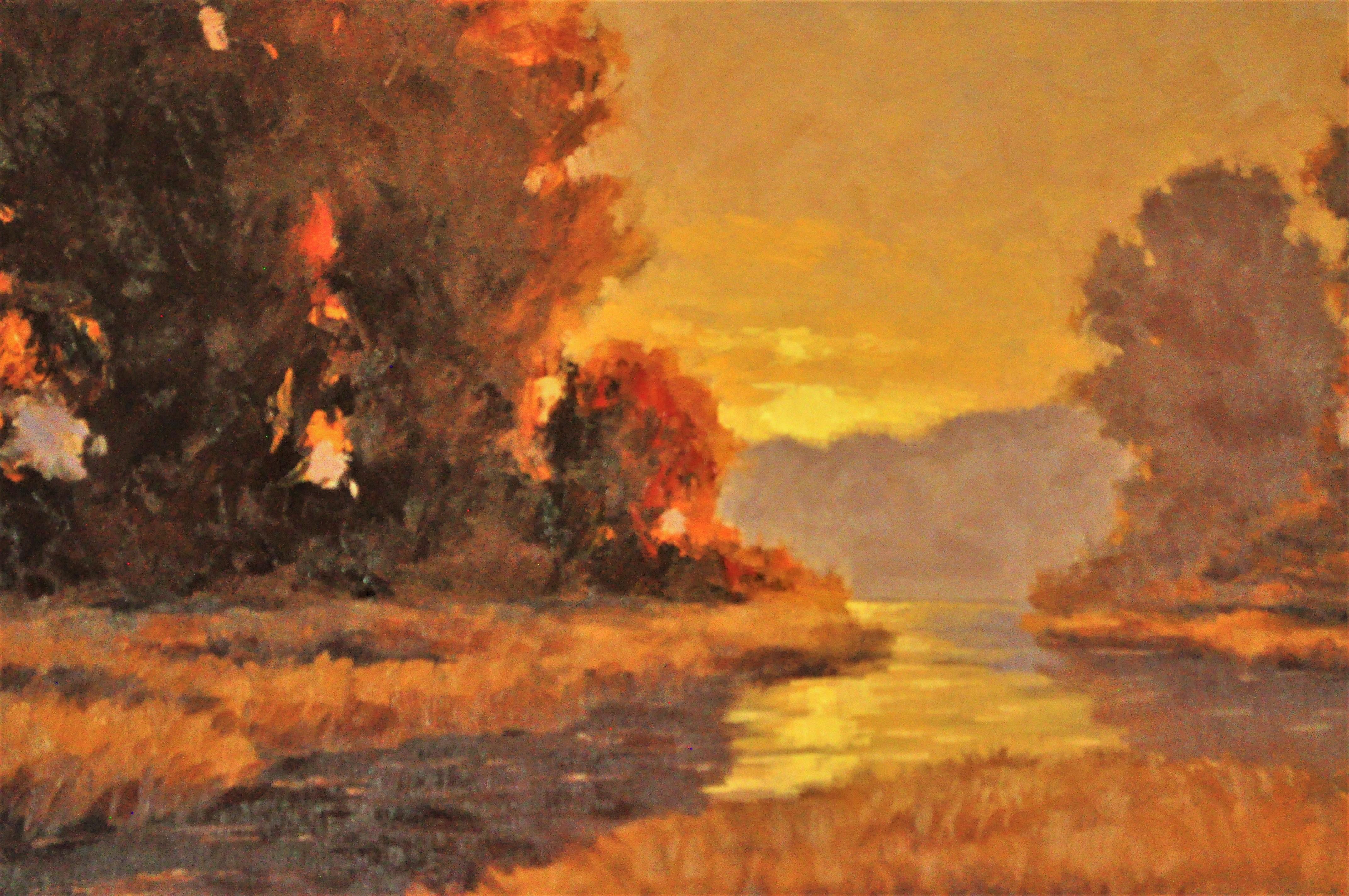 Peinture à l'huile, lever d'un soleil joyeux 1