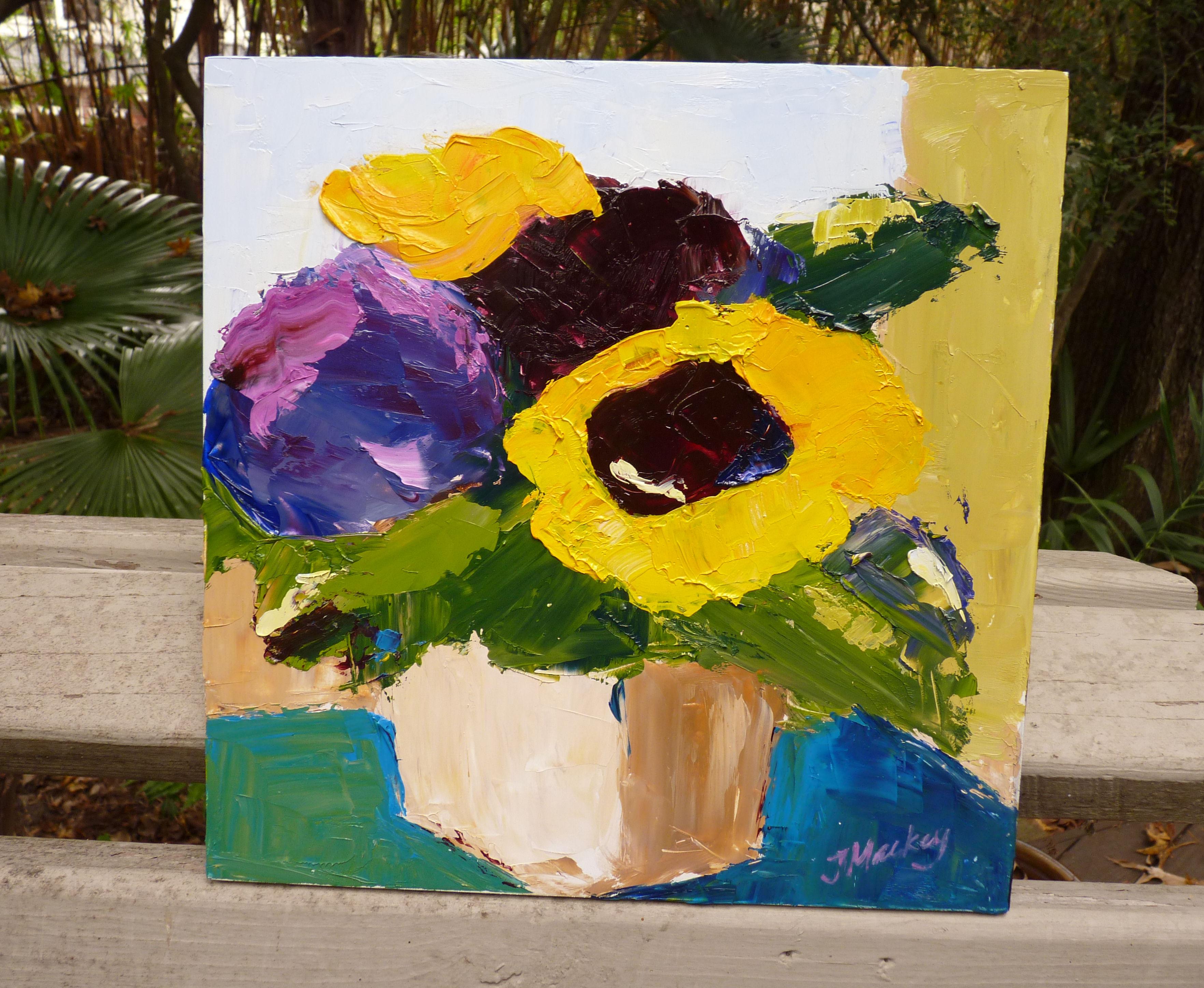 <p>Artist Comments<br />Colors played an important role in this painting - I wanted to put together a teal, purple and deep yellow floral.  I once received a flower arrangement in a square vase which I treasure so I used it as a model.</p><br