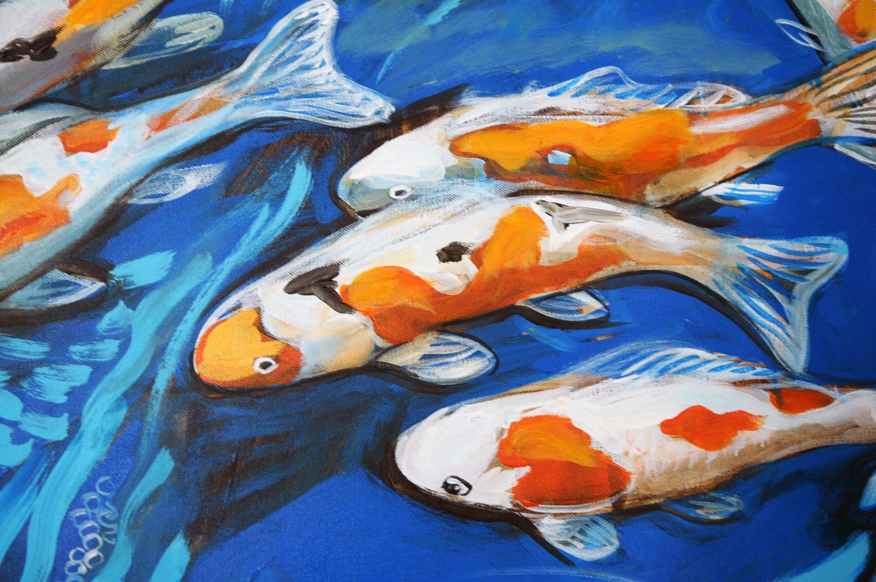 Koi Pond, Original Painting - Blue Animal Painting by Kira Yustak