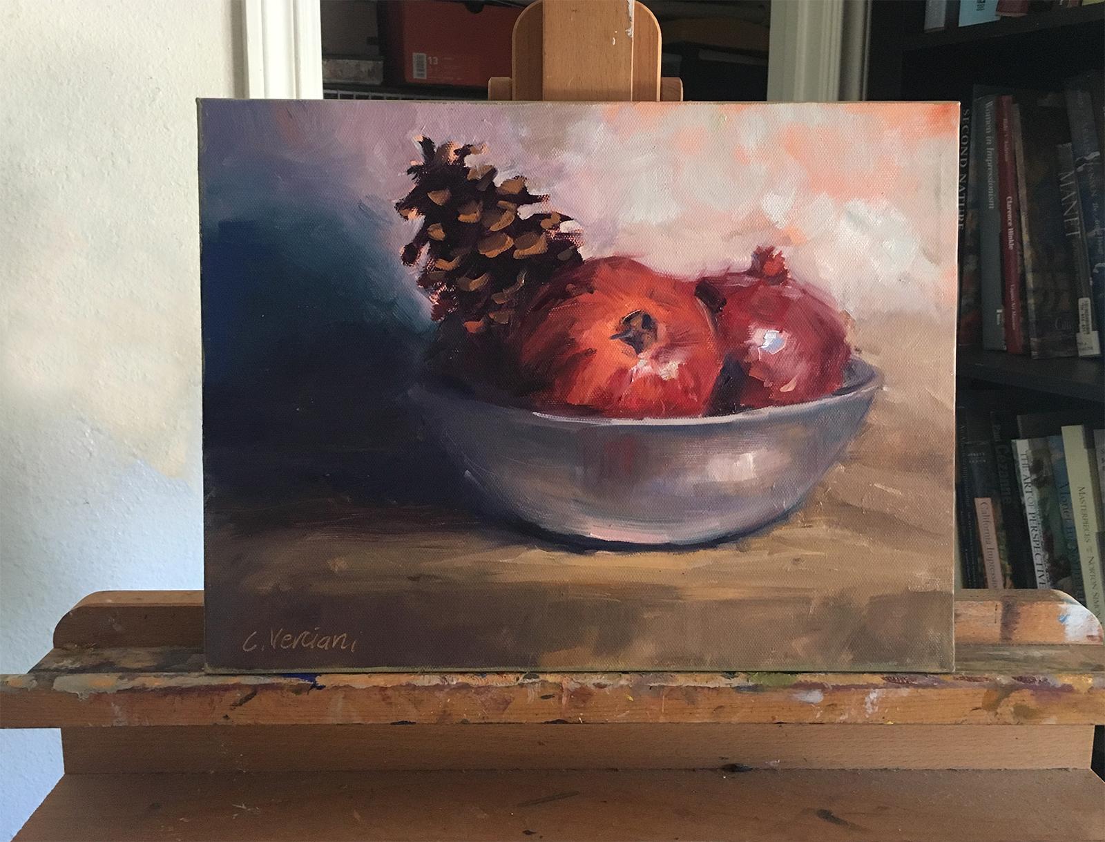 <p>Artist Comments<br />This still life of pomegranates has high contrast and vibrant colors.  It was painted from life.</p><br /><p>About the Artist<br />Inspired by the great Impressionist painters, Claudia uses paint emotionally to depict the