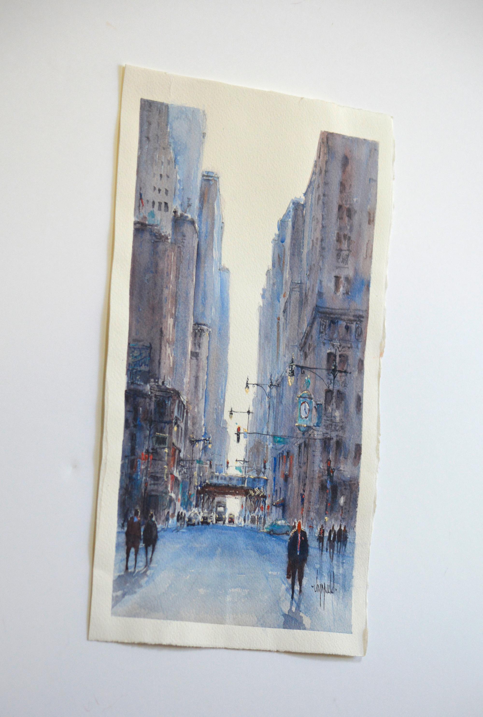 <p>Artist Comments<br>This painting is another of my city life series.  The inspiration for this piece was a visit to Chicago.  You can see the L transit system crossing the street.  The clock is set at 5pm and you can feel the beginning sense of