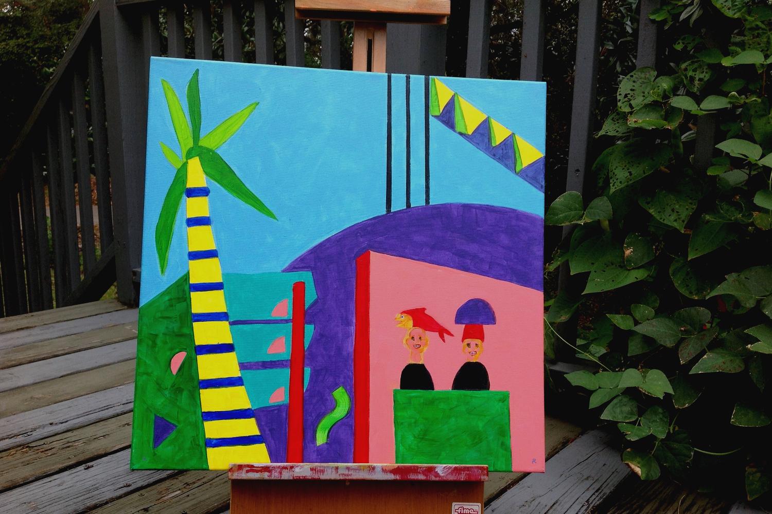 <p>Artist Comments<br>I often visit areas south of Miami am often delighted to see colonial-style houses in close proximity to retro food stands. I put the trees on top of people just for fun</p><p>About the Artist<br>Laura Robinson’s colorful,