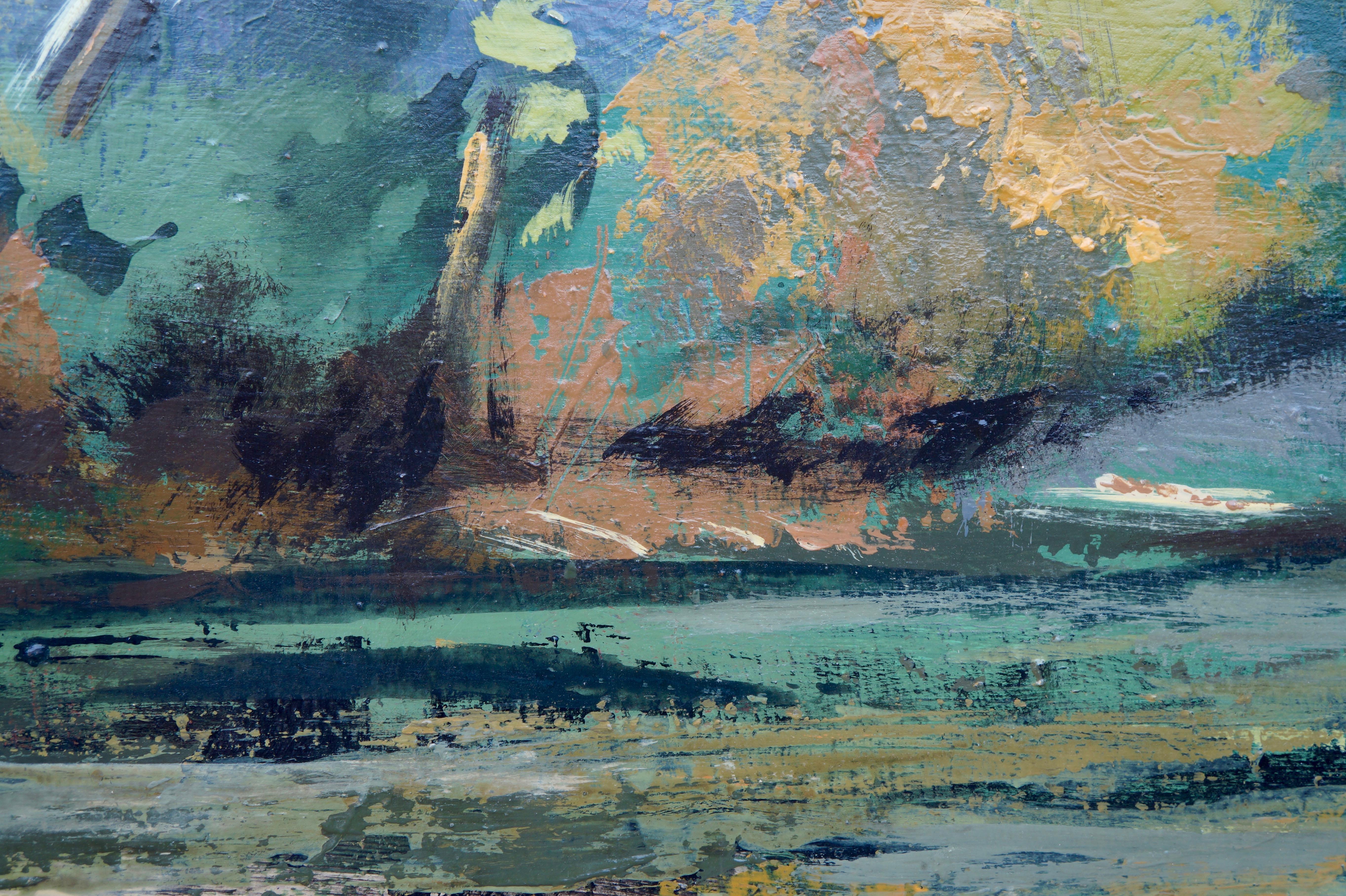 North Umpqua River, Original Painting - Gray Landscape Painting by Sidonie Caron