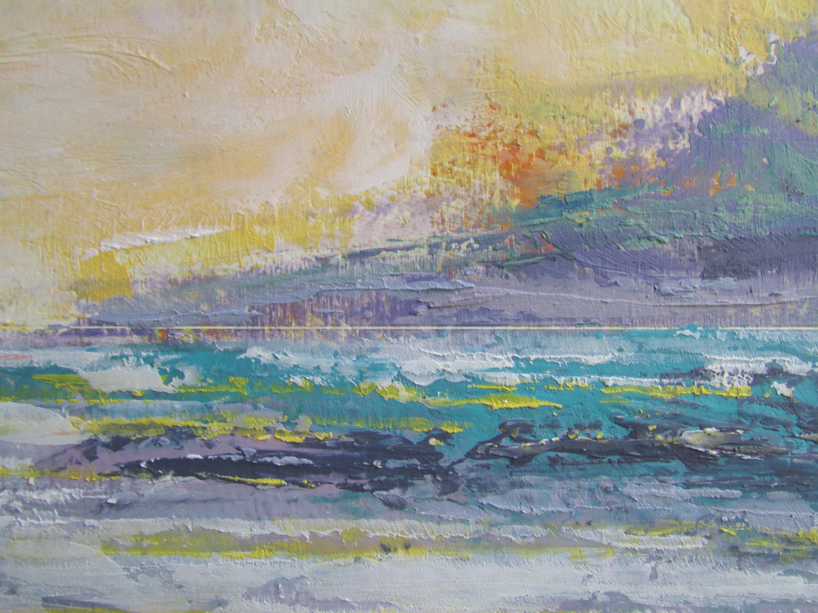 <p>Artist Comments<br />I balanced a playful palette of yellow and purple textures in oil and cold wax medium to lead your eye to a distant solemn shore.  This piece has natural wood edges with a wax finish.  </p><br /><p>About the Artist<br