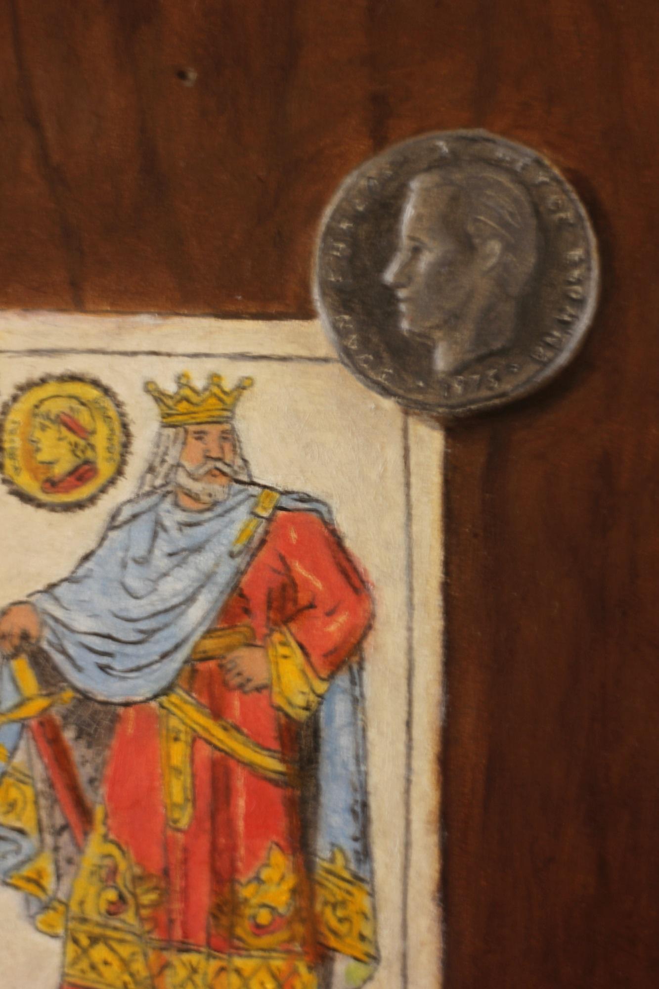<p>Artist Comments<br /> In this piece I wanted to show money on both the king of gold (from the Spanish playing cards) and on the coin. The king is actually shown twice ; once on the king of gold card and once on the oversized coin of Juan Carlos