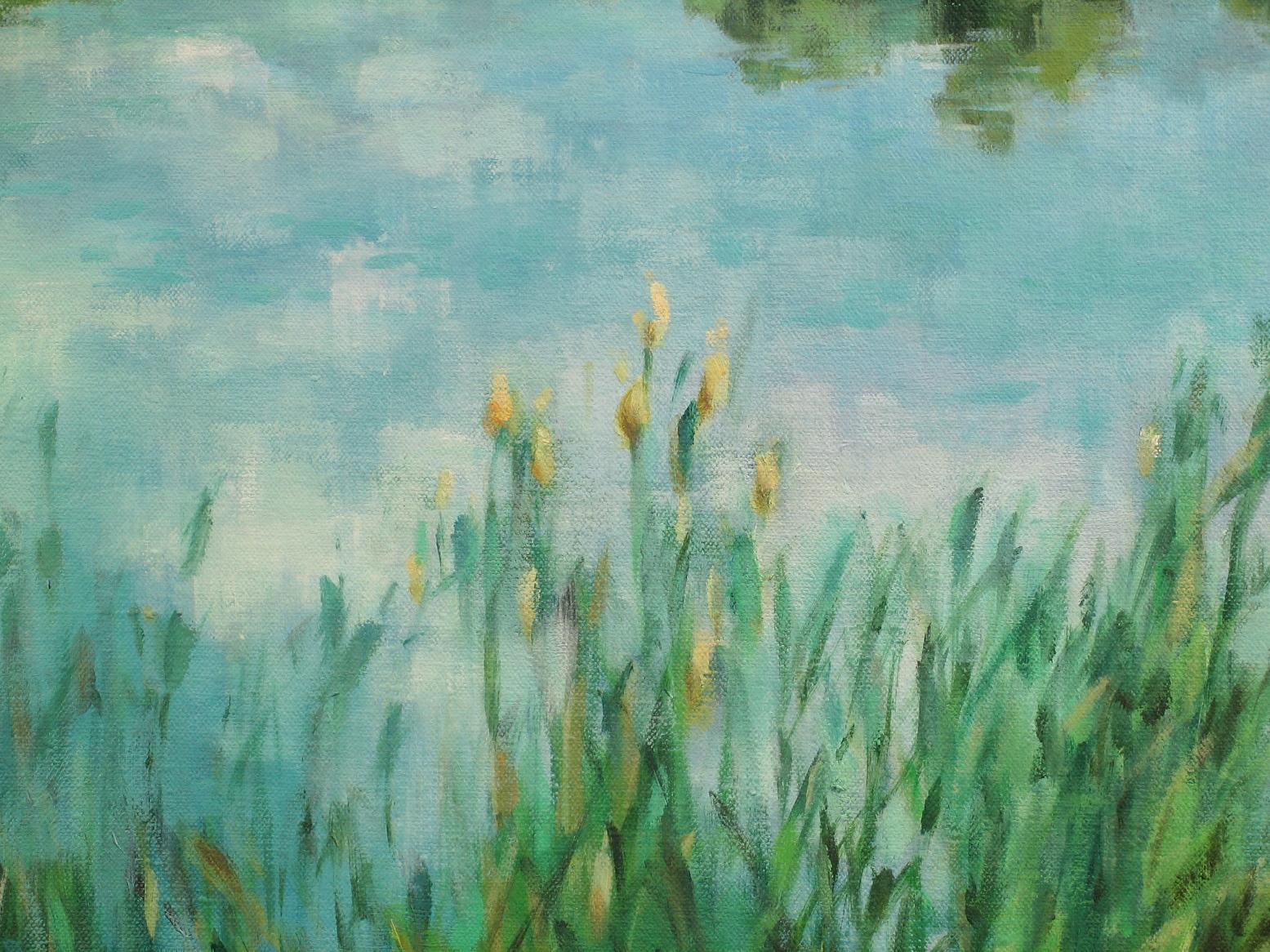 Il lago tra i canneti - Landscape Painting Blu di Suzanne Massion