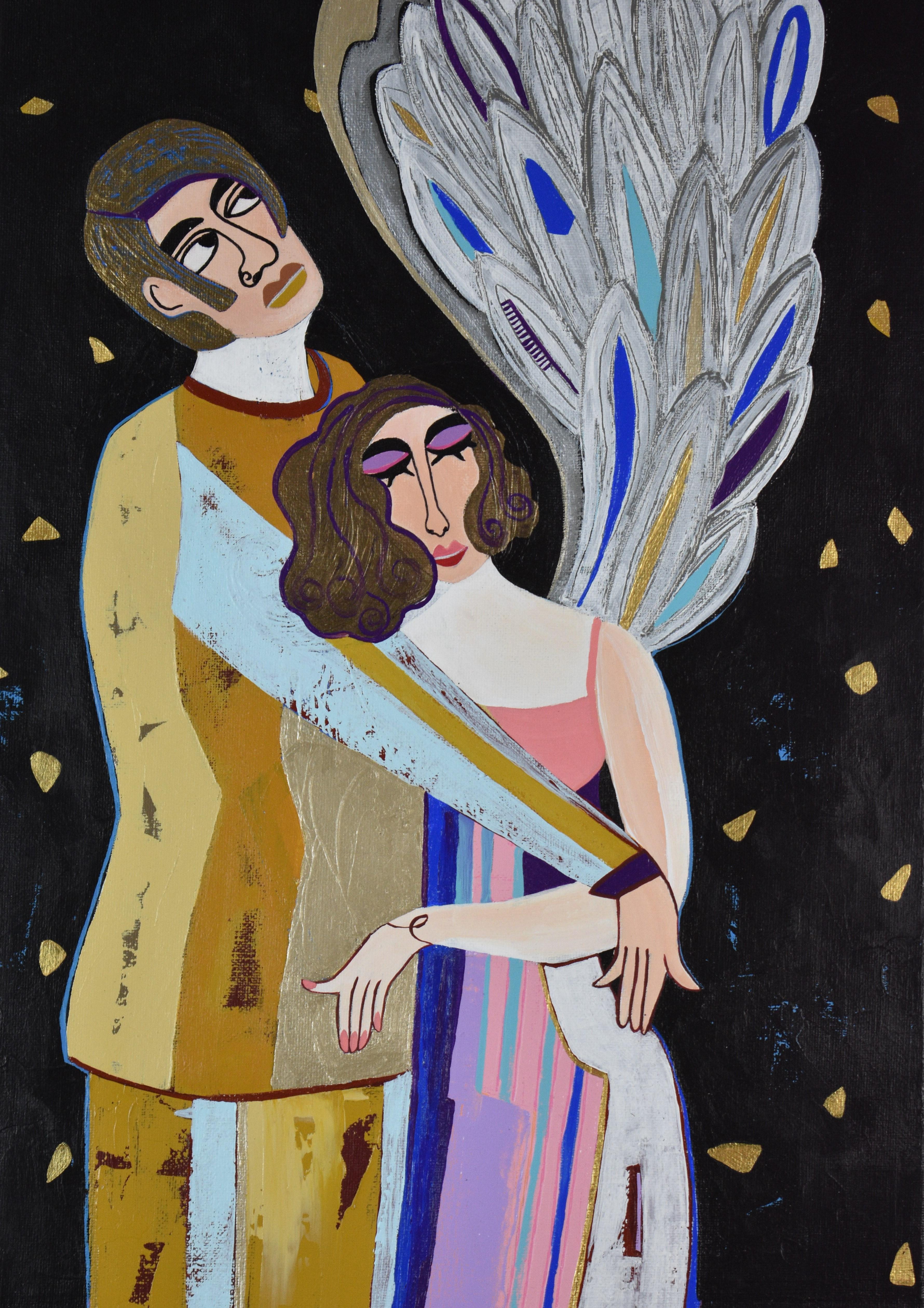 <p>Artist Comments<br />This painting is about a dream that I had with an angel.  This gentleman is the unexpected protector--he is ready to help this beautiful angel that has fallen from heaven.  I used acrylic paint and a black background