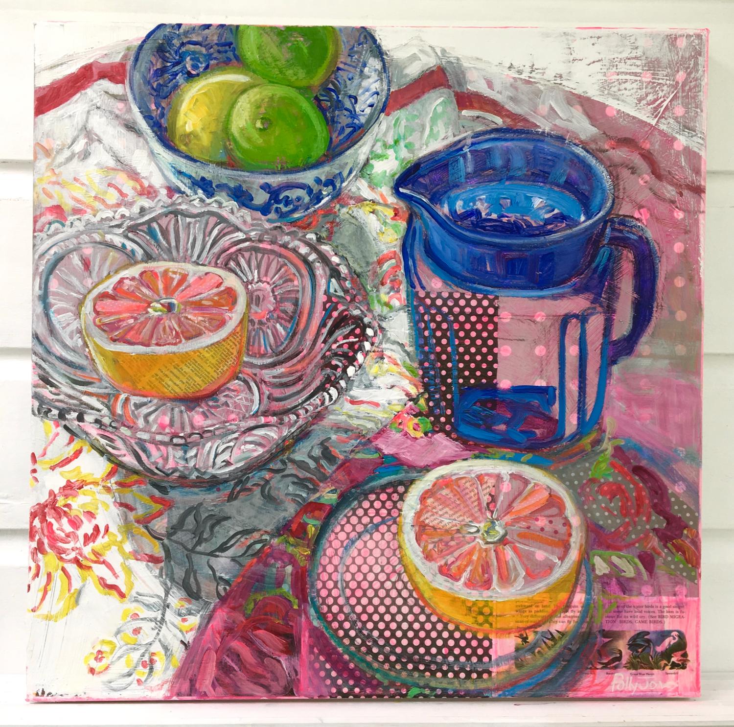 <p>Artist Comments<br />The morning light in my studio is magical on sunny days. I painted this from life to capture a lovely series of moments and the shimmer of light on cloth, glass and fruit. The polka dot pattern of paper showing through washes