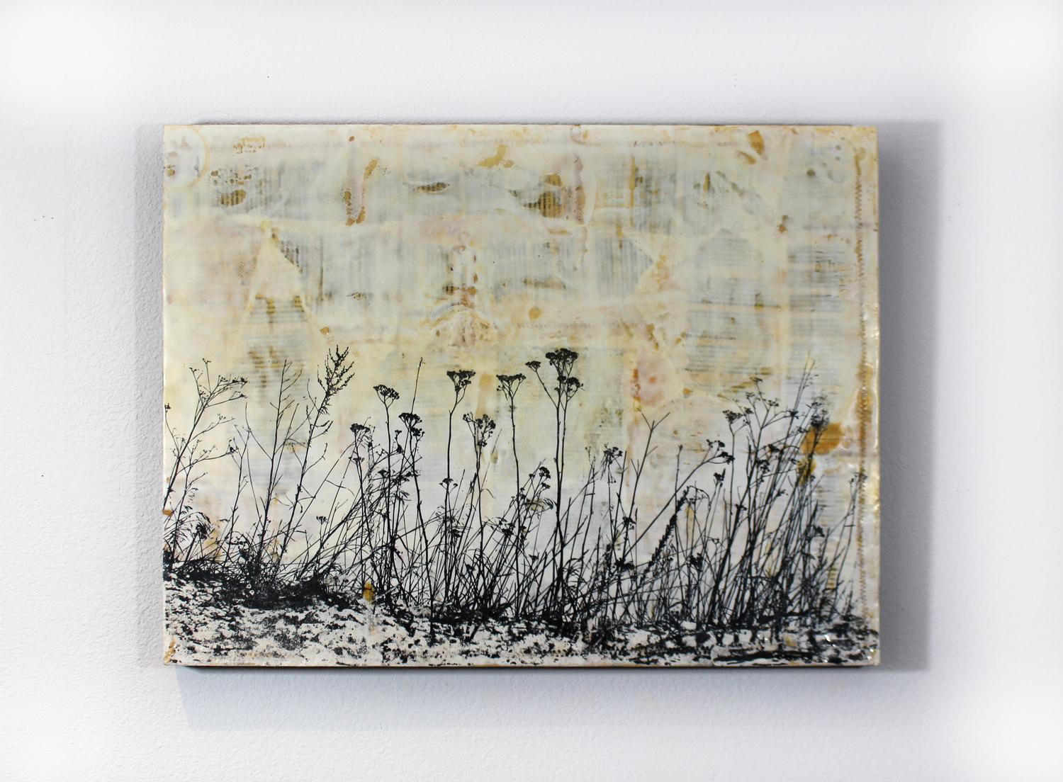 <p>Artist Comments<br>WIldflowers and grass swaying in the wind on a mica beach. This beautiful encaustic painting creates a relaxing, moody escape. The background is made up of a variety of vintage ephemeral materials including old book pages,
