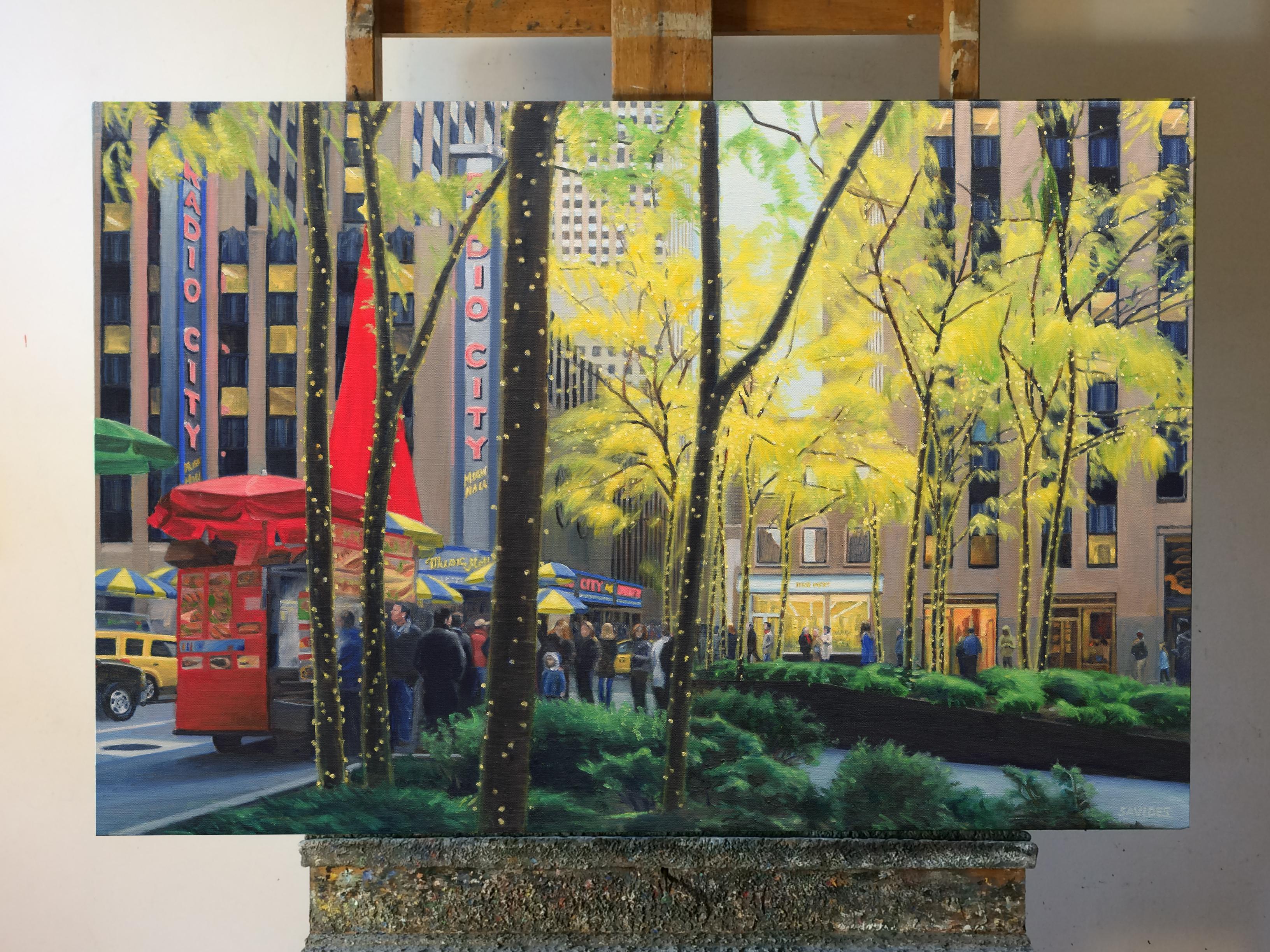 <p>Artist Comments<br />The scene is the intersection of 6th Avenue and 50th Street, across from Radio City Music Hall.  It's late afternoon in November ; in time for seasonal lights, but before all the leaves have fallen.   I was inspired by the