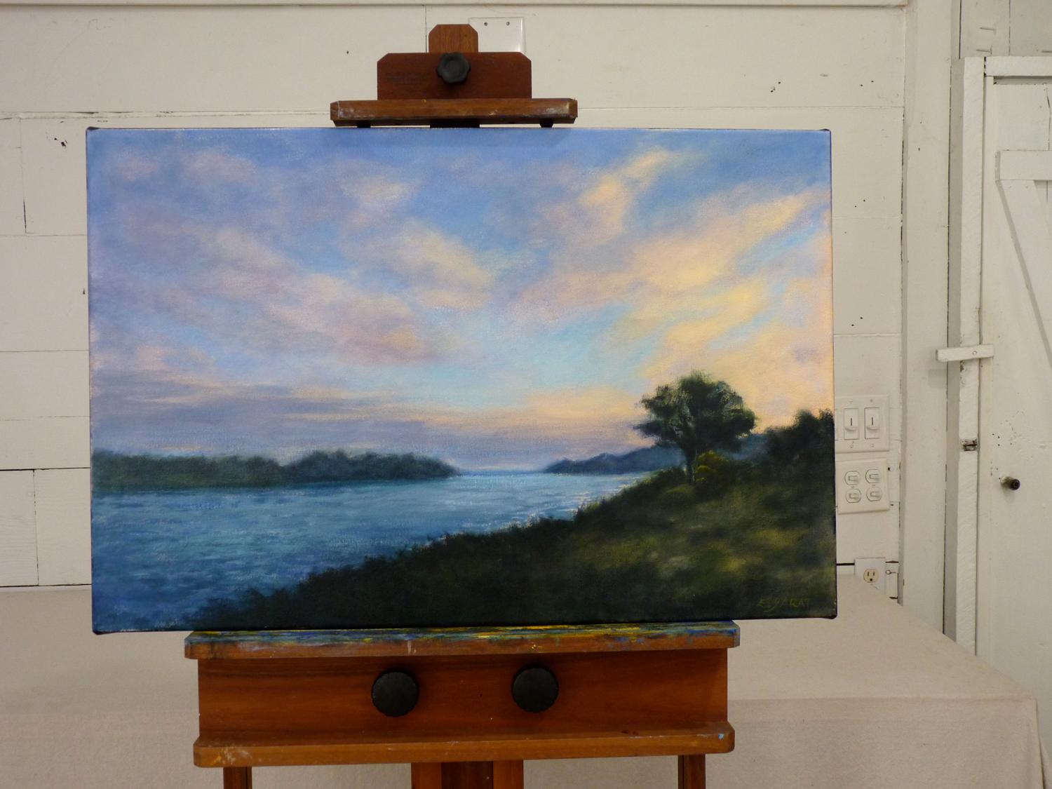 Lever de soleil sur la rivière, peinture à l'huile - Impressionnisme abstrait Painting par Elizabeth Garat