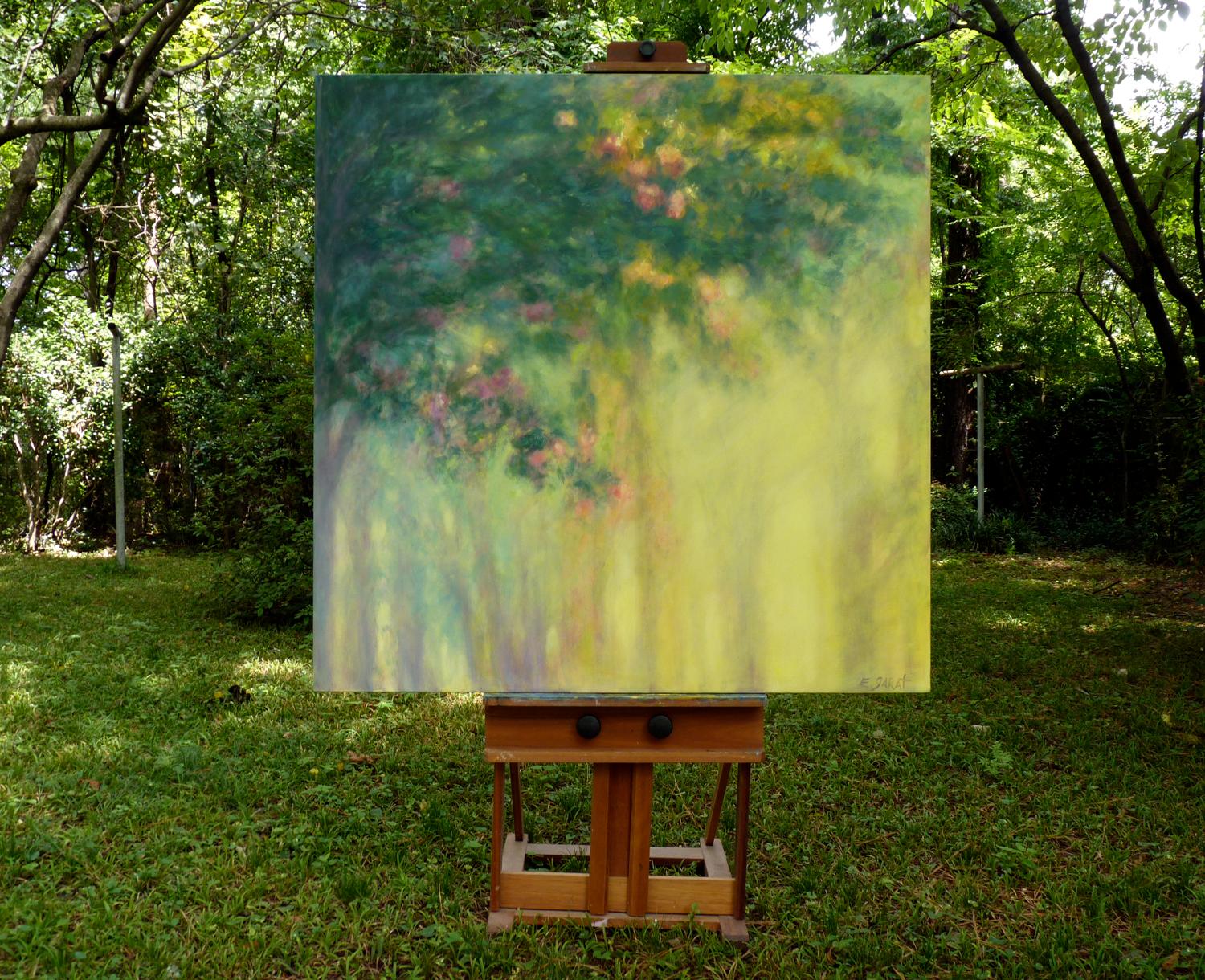 <p>Artist Comments<br />This impressionistically painted oil painting captures the feeling of summer morning light streaming through flowering tree branches.  It evokes feelings of joy and happiness.  The painting has been sealed with wax which is