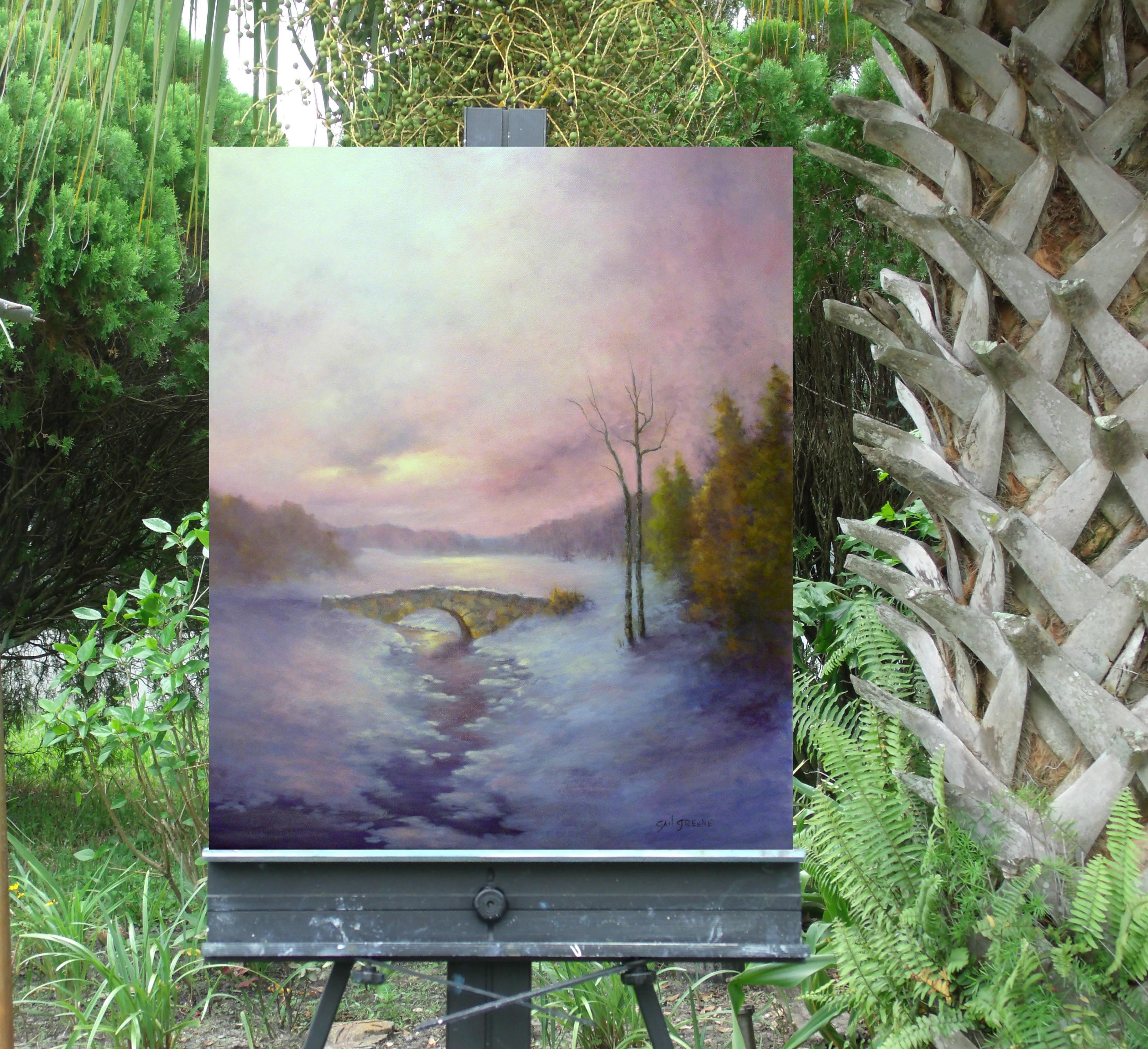 <p>Artist Comments<br />An icy brook flows under a stone foot bridge as it makes its way to the sea.  As twilight approaches, a luminous scarlet glow fills the meadow.  This painting is on a gallery wrapped canvas with crisp white edges and comes